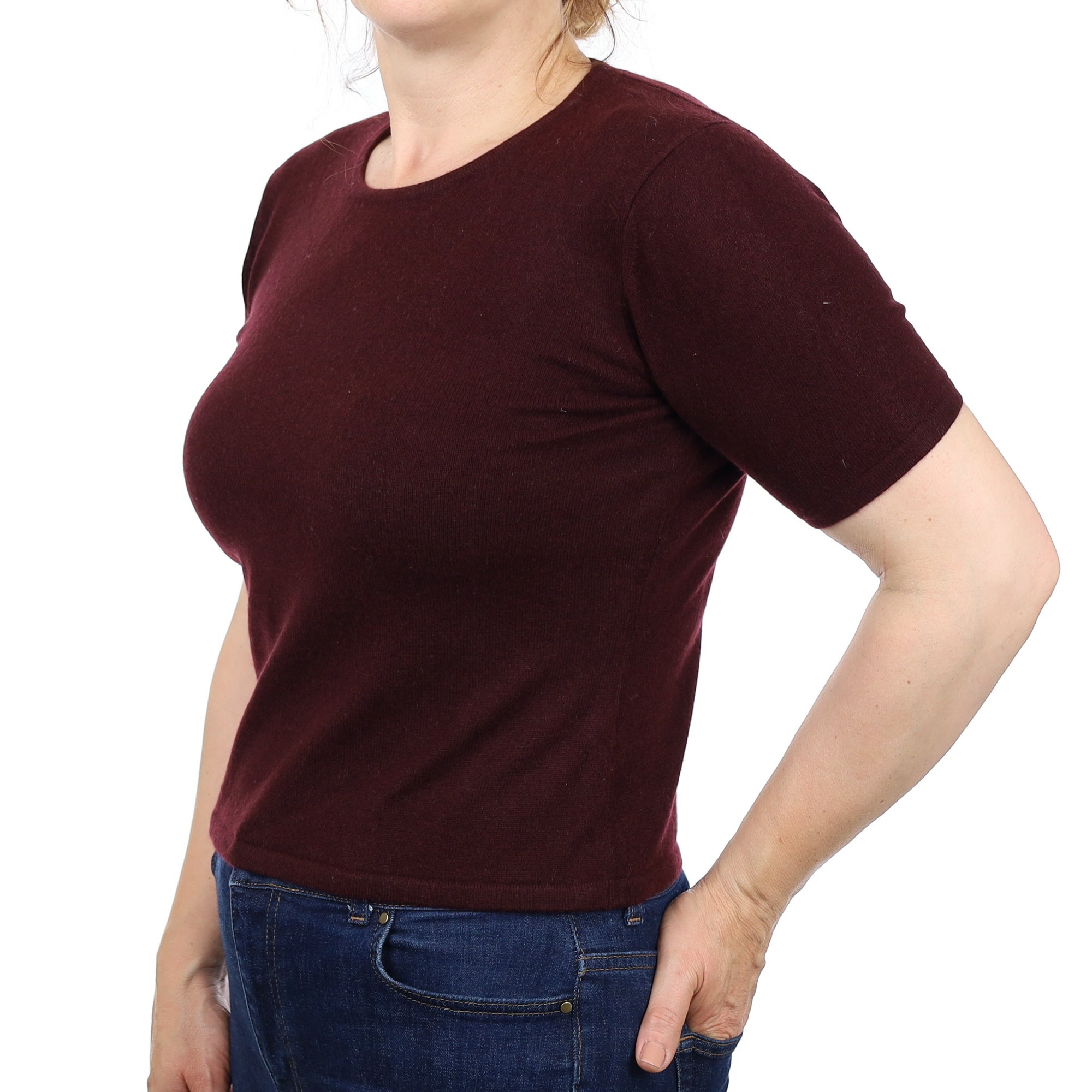 Port Red Cashmere Short Sleeve Crew Neck Jumper Medium