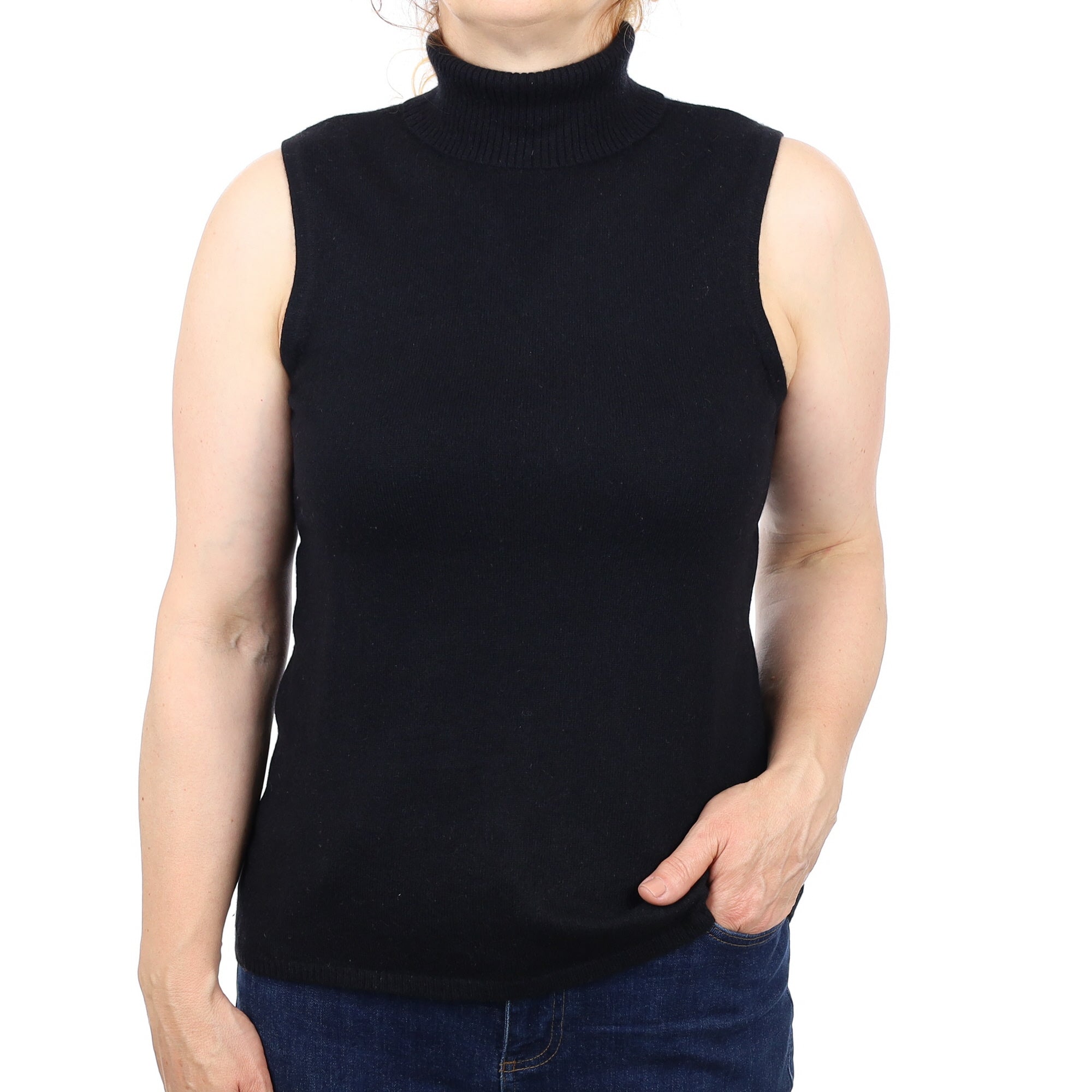Black Cashmere Sleeveless Polo Neck Jumper Medium