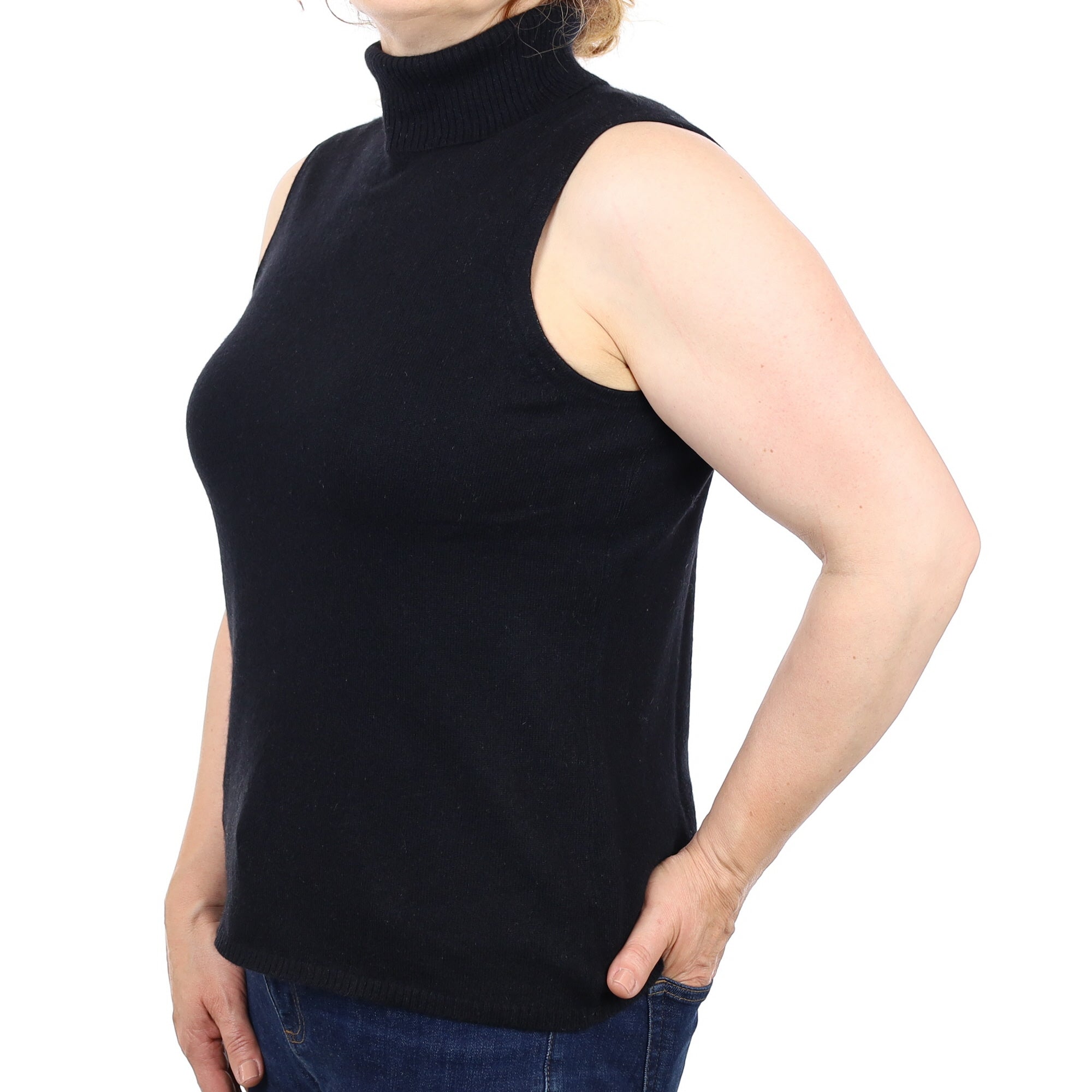 Black Cashmere Sleeveless Polo Neck Jumper Medium