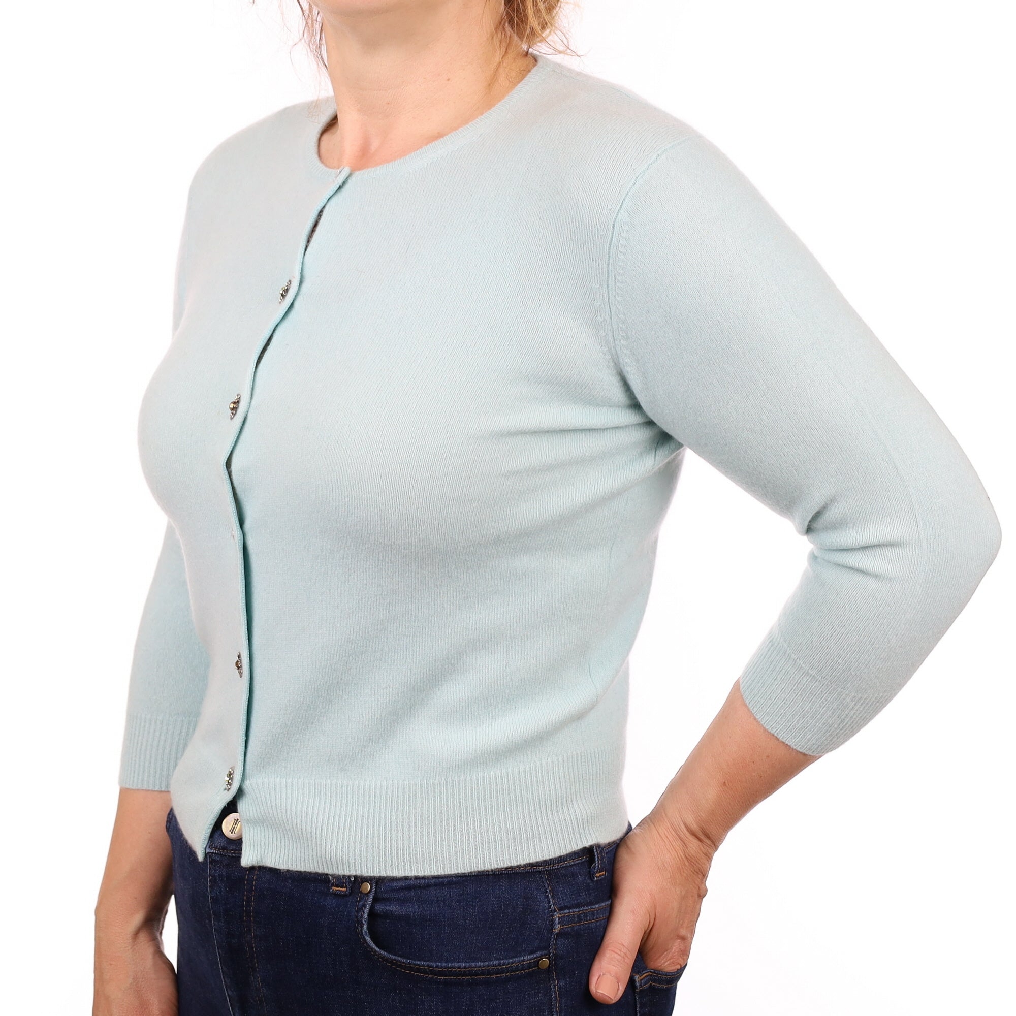 Pale Aqua Cashmere 3/4 Sleeve Crew Neck Cardigan Medium