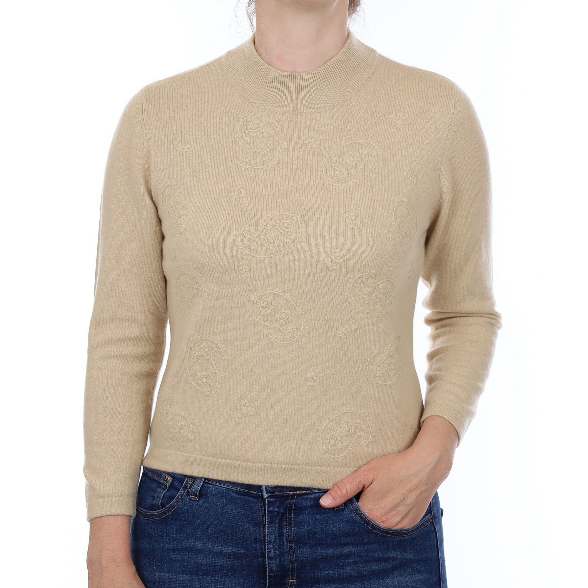 Beige Paisley Cashmere Turtleneck Jumper Small