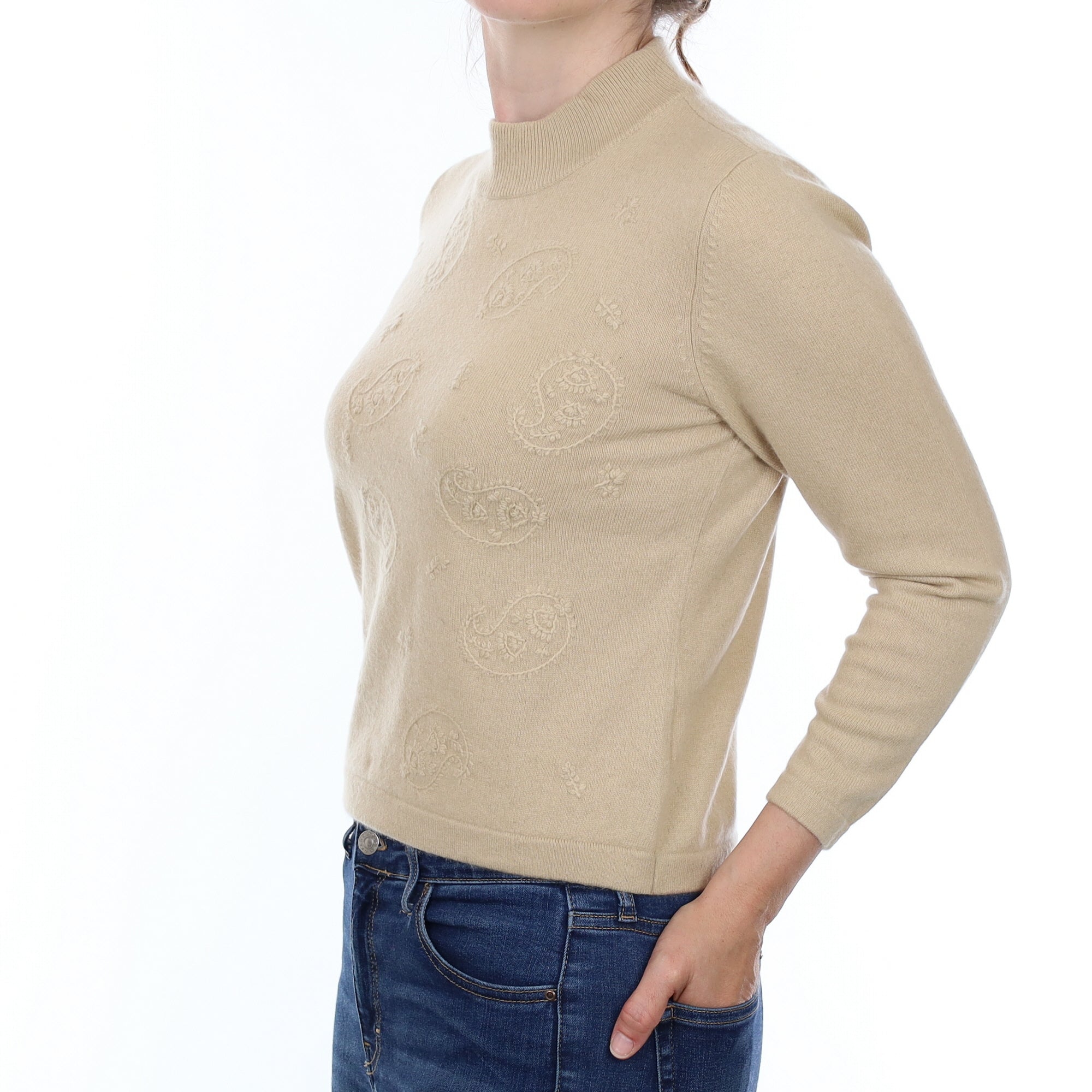 Beige Paisley Cashmere Turtleneck Jumper Small