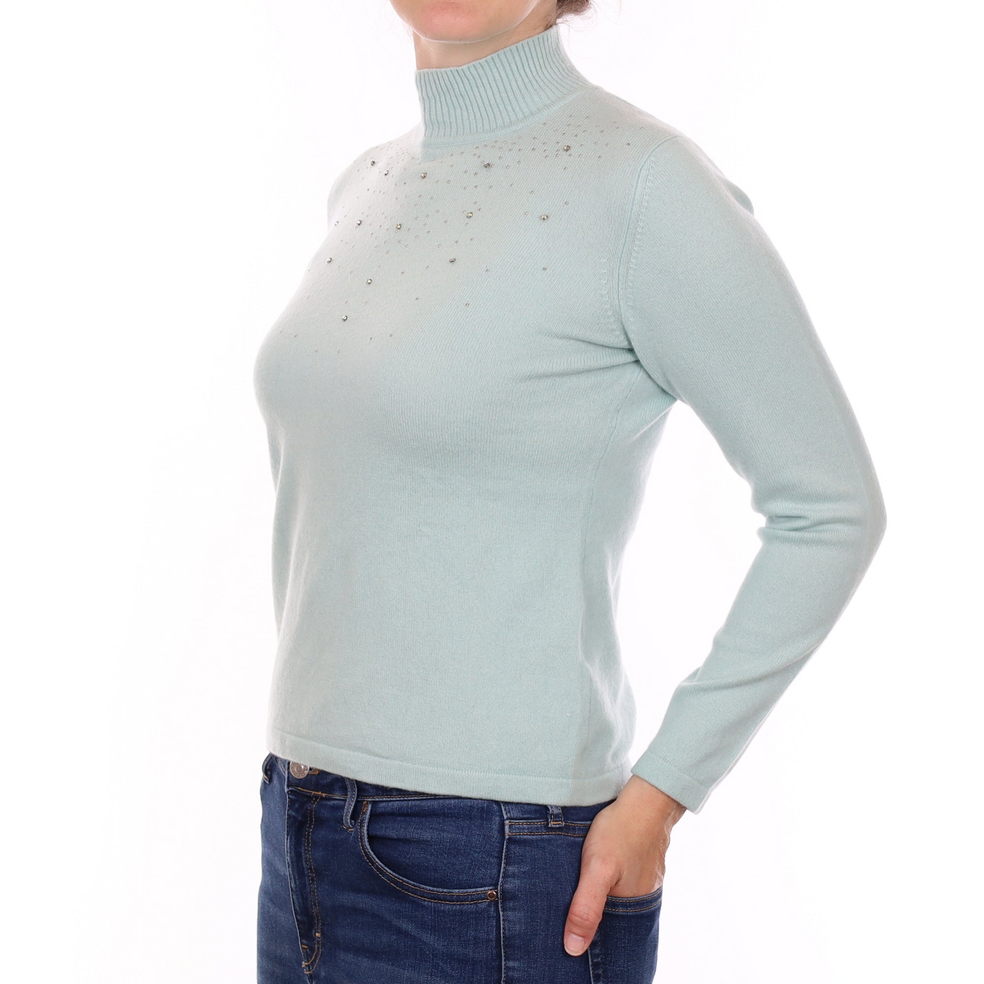 Mint Green Diamante Cashmere Turtleneck Jumper Small