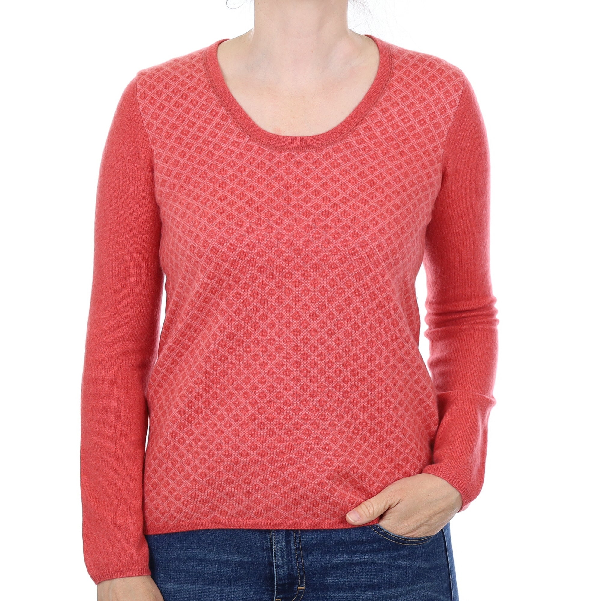 Strawberry Pink Patterned Cashmere Crew Neck Jumper Small