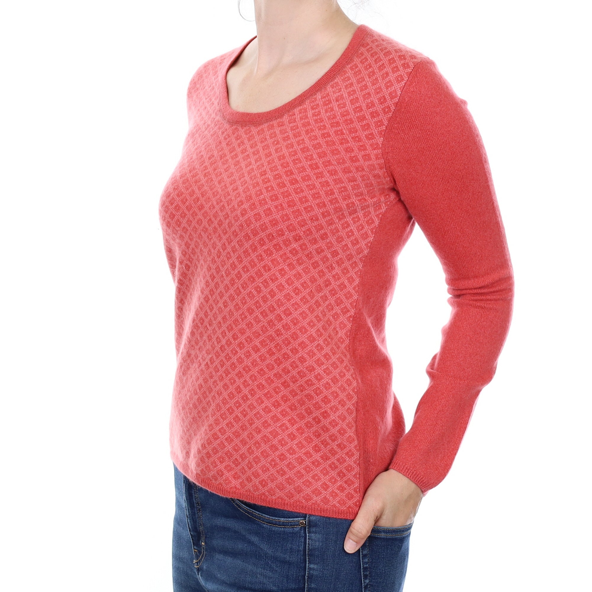Strawberry Pink Patterned Cashmere Crew Neck Jumper Small