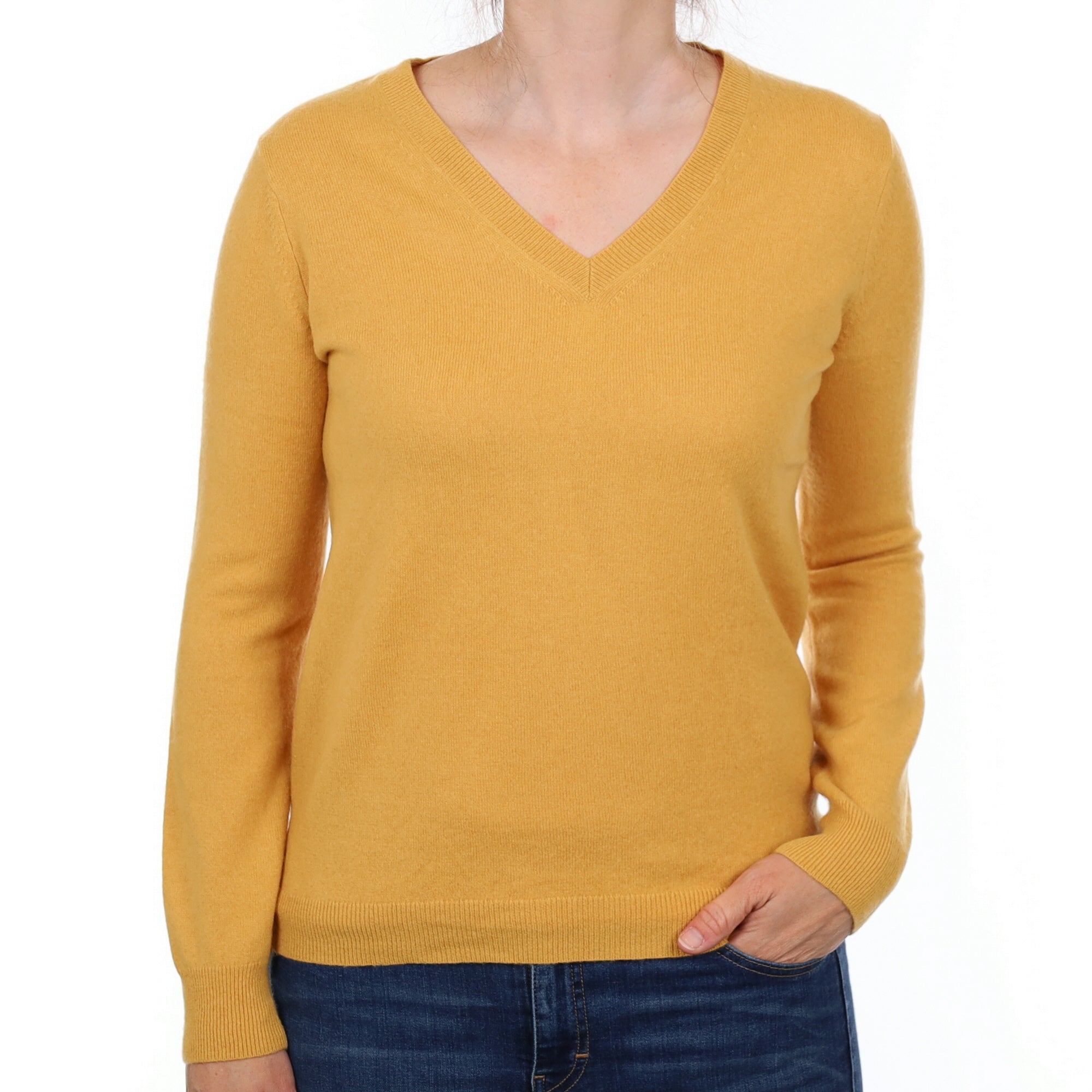 Mustard Yellow Cashmere V Neck Jumper Small