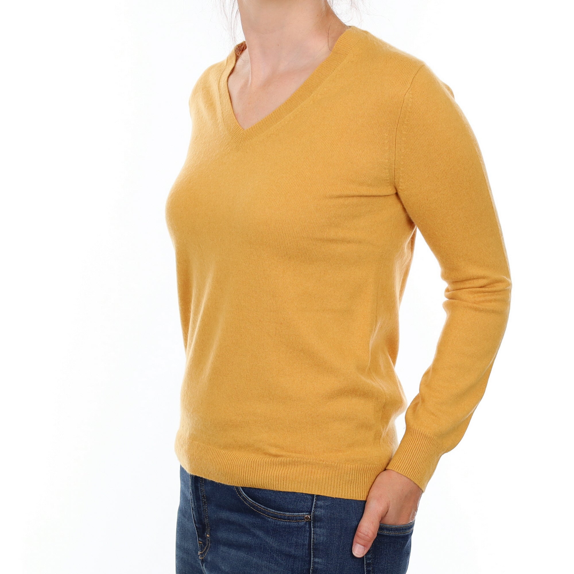 Mustard Yellow Cashmere V Neck Jumper Small