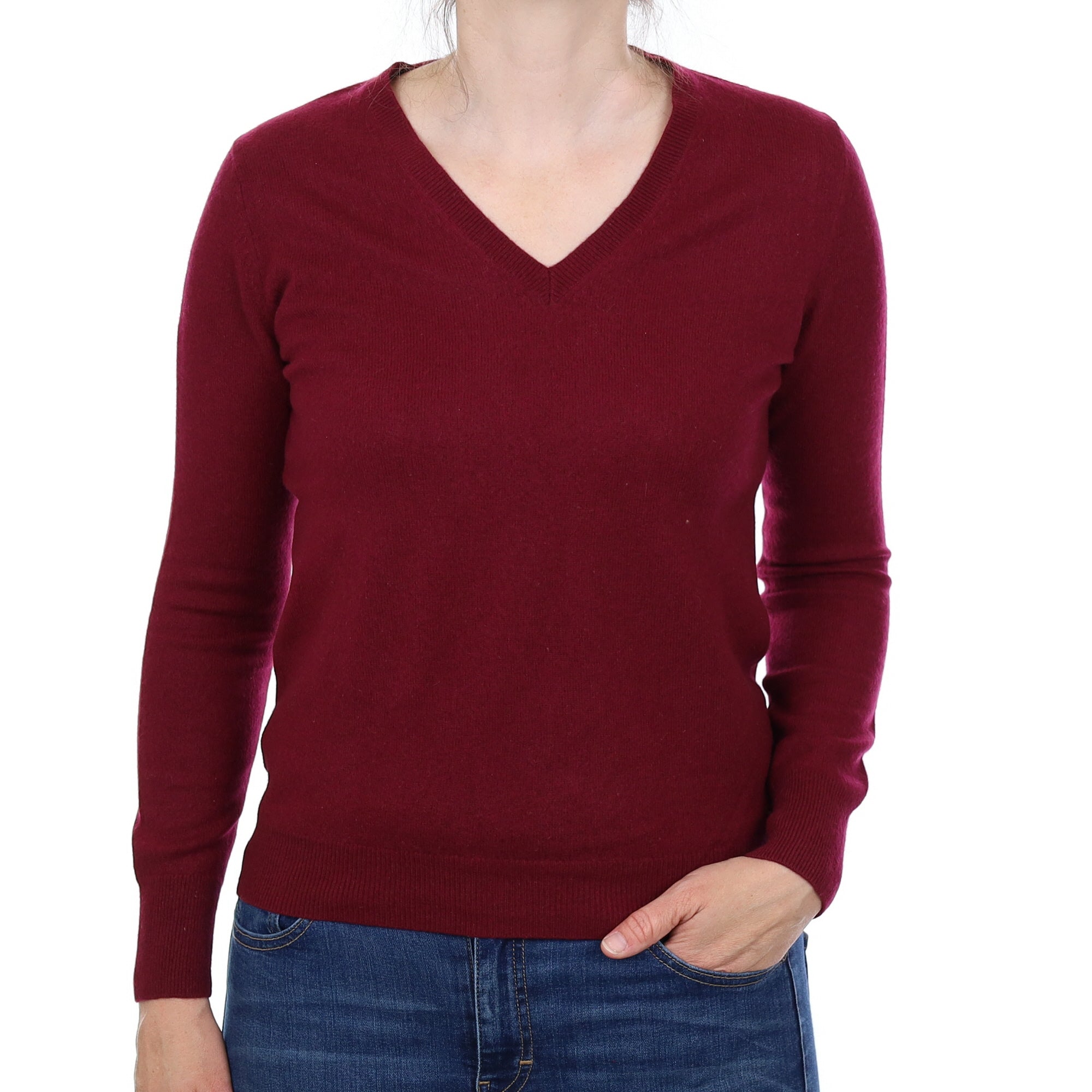 Wine Red Cashmere V Neck Jumper Small