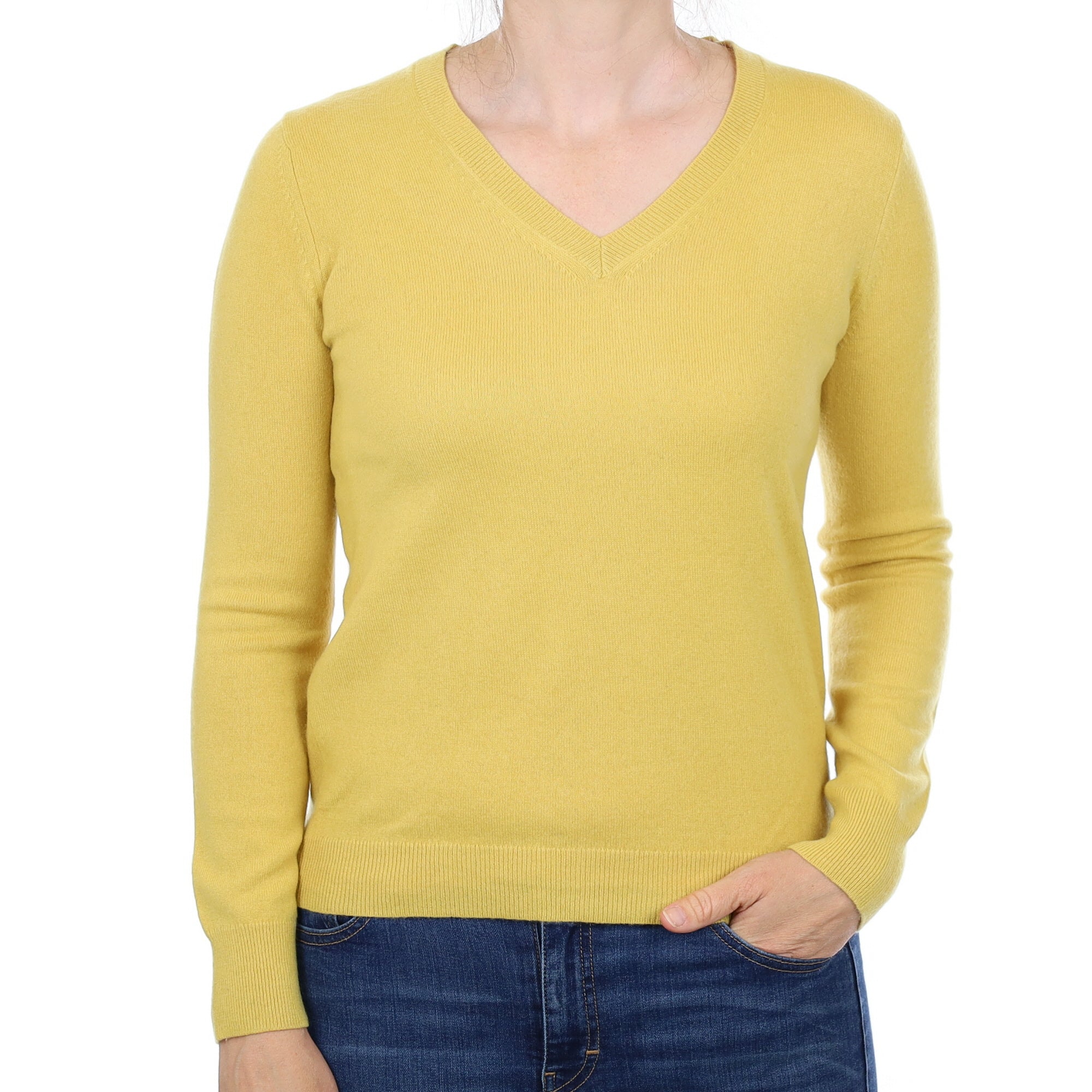 Flaxen Yellow Cashmere V Neck Jumper Small