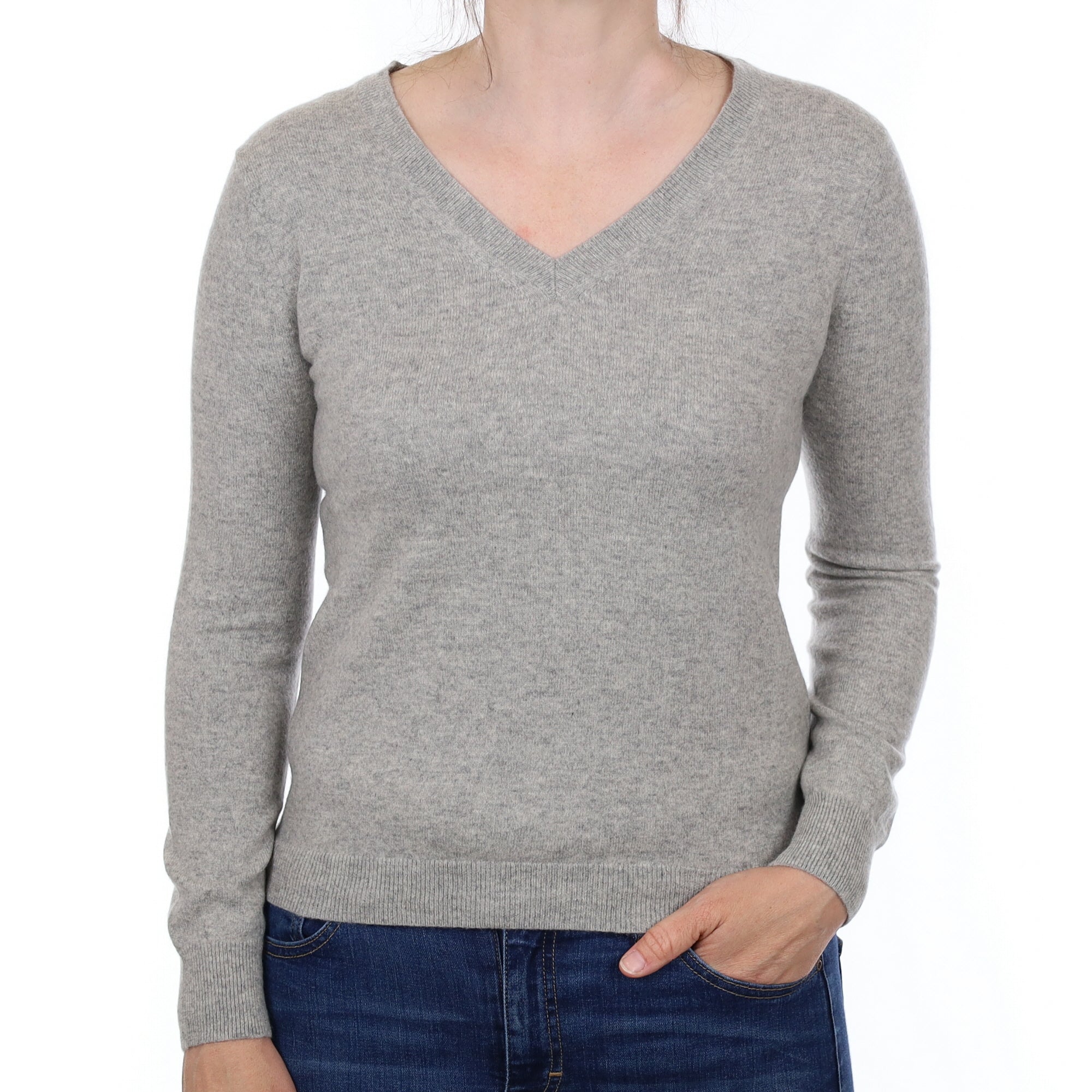 Mist Grey Cashmere V Neck Jumper Small
