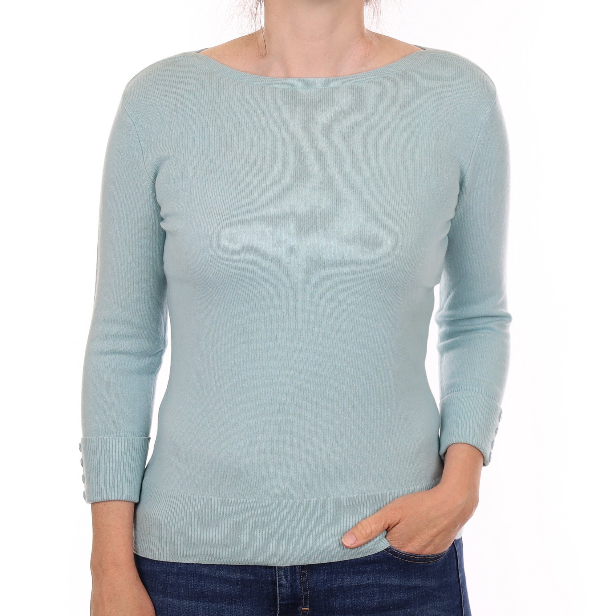 Opal Blue Cashmere 3/4 Sleeve Crew Neck Jumper Small