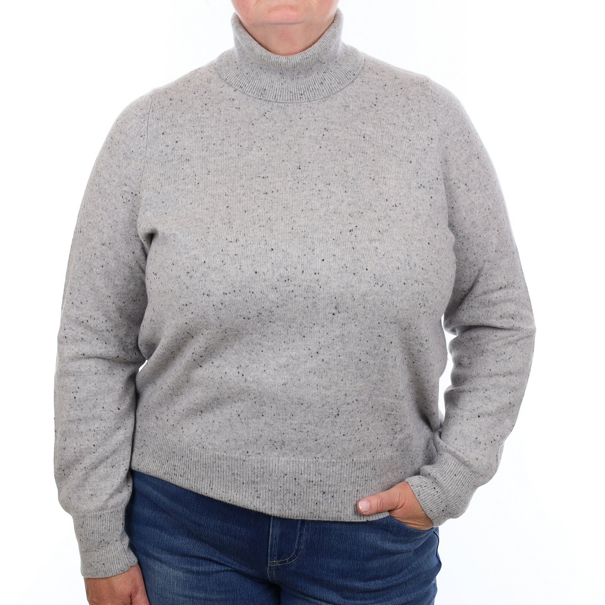 Smoke Grey Fleck Cashmere Polo Neck Jumper Extra Large