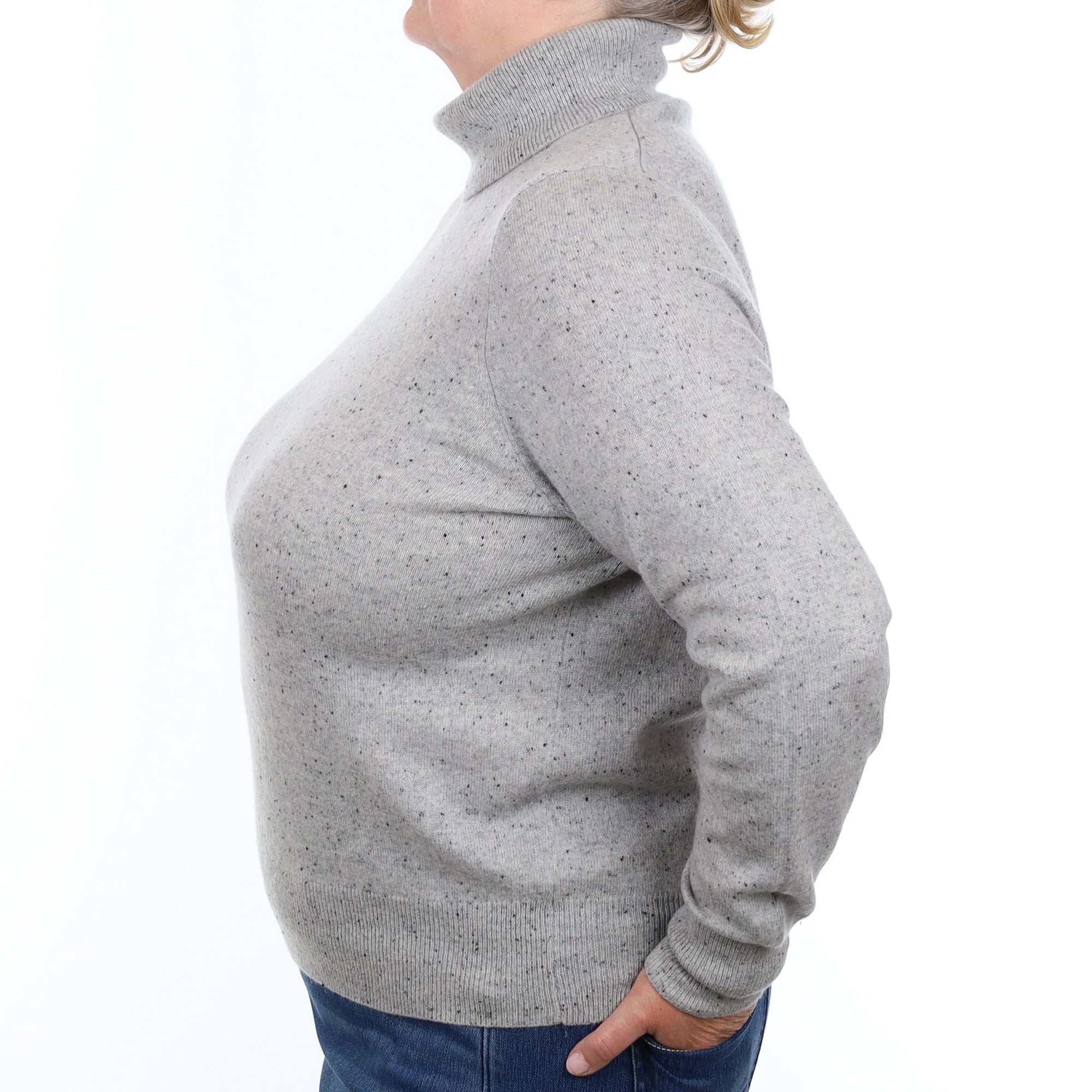 Smoke Grey Fleck Cashmere Polo Neck Jumper Extra Large