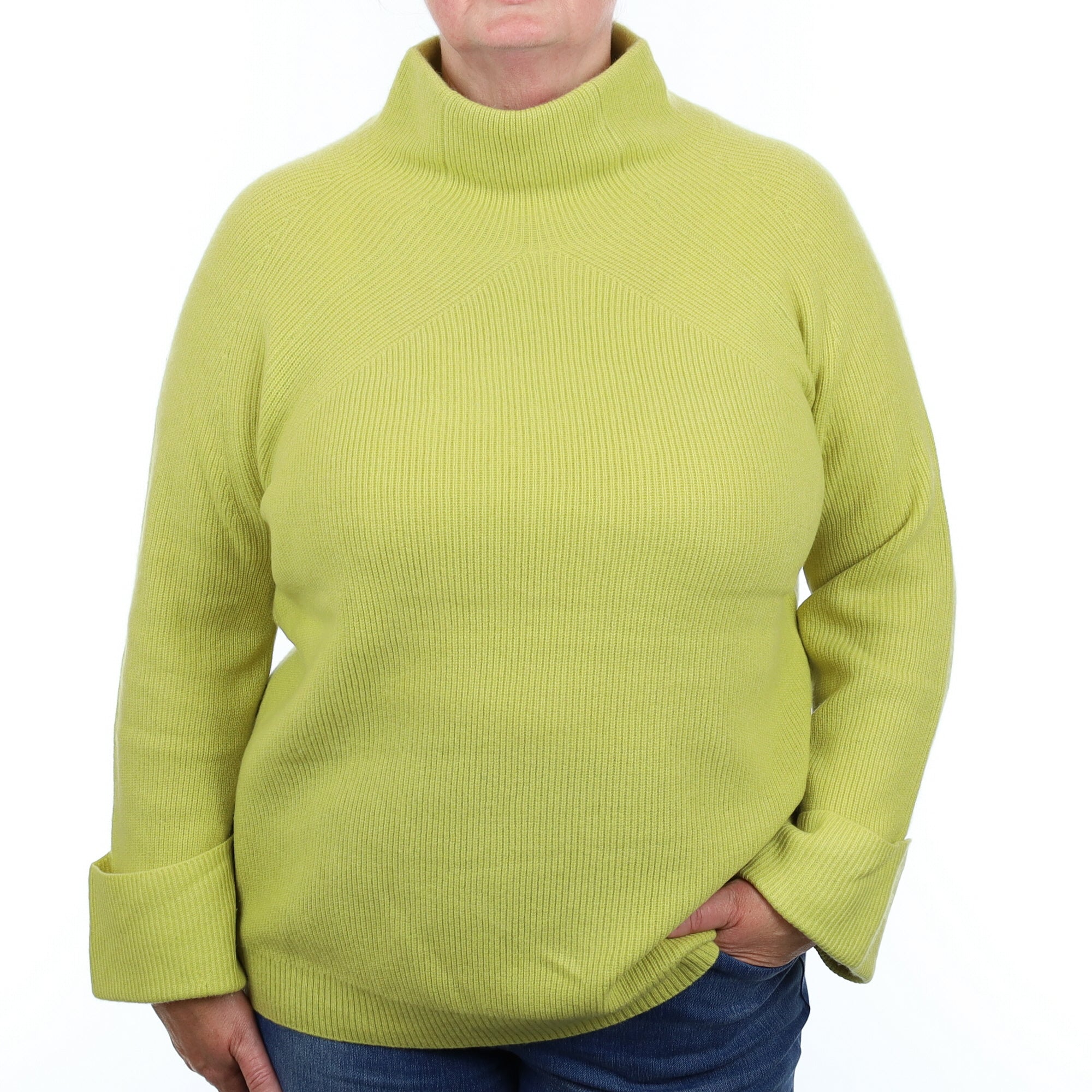 Chartreuse Ribbed Cashmere Funnel Neck Jumper Extra Large