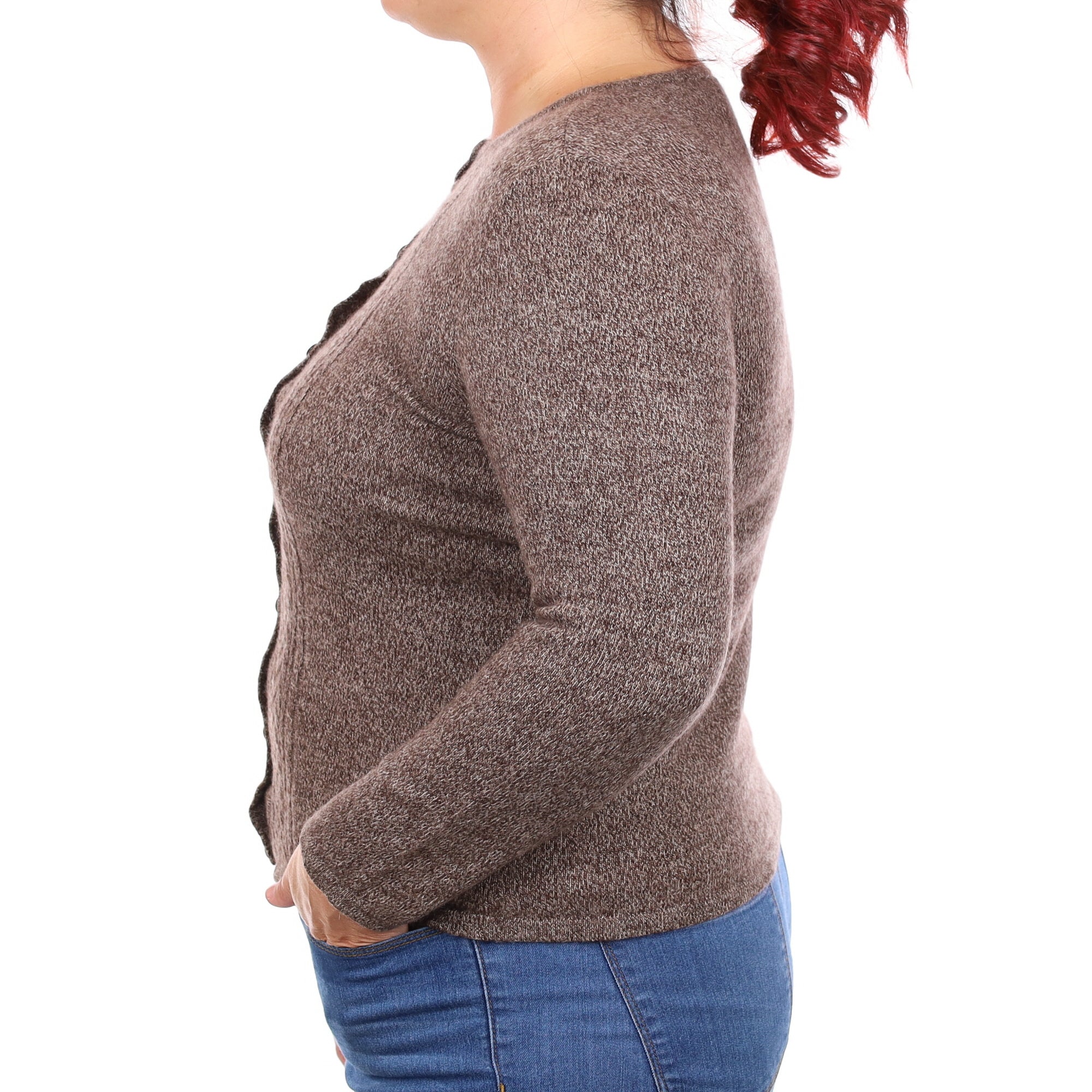 Chocolate and Ivory Marl Cashmere Crew Neck Cardigan Large