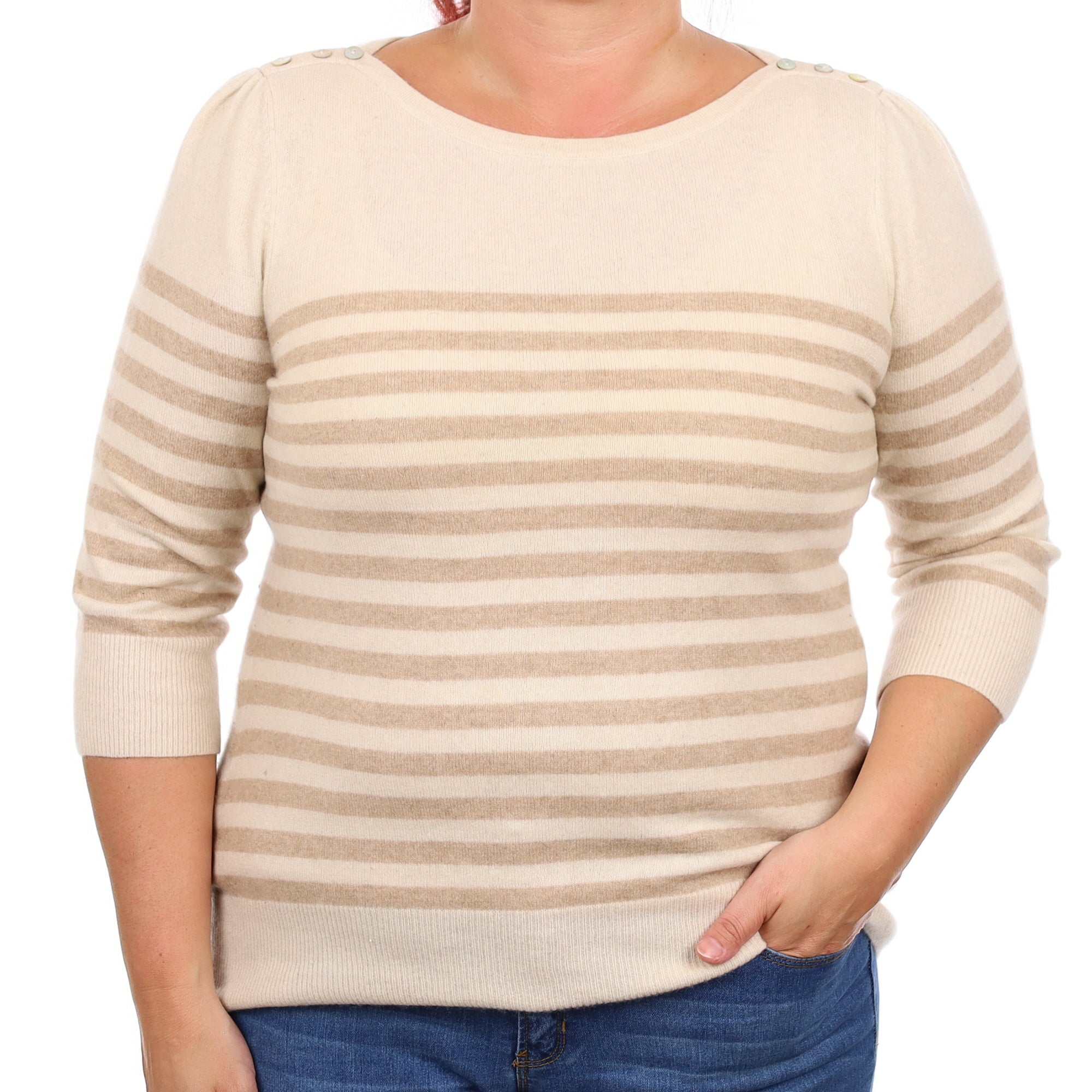 Cream and Caramel Stripe Cashmere Boat Neck Jumper Large