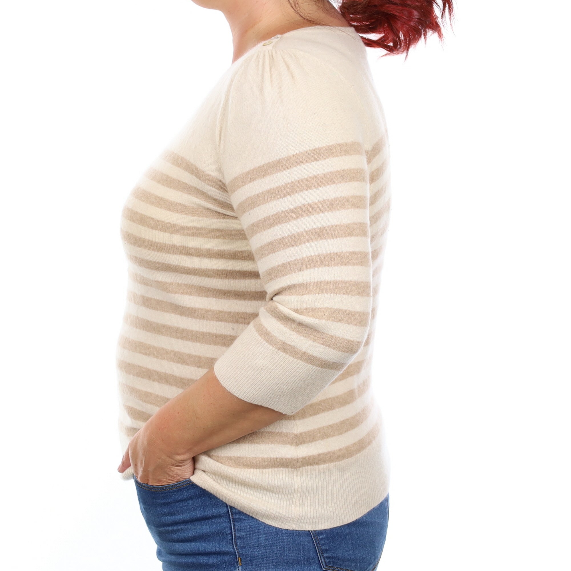 Cream and Caramel Stripe Cashmere Boat Neck Jumper Large