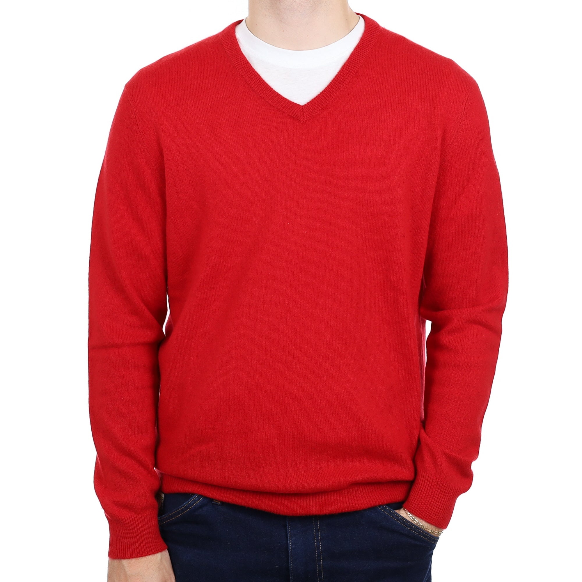 Men's Post Box Red Cashmere V Neck Jumper Large