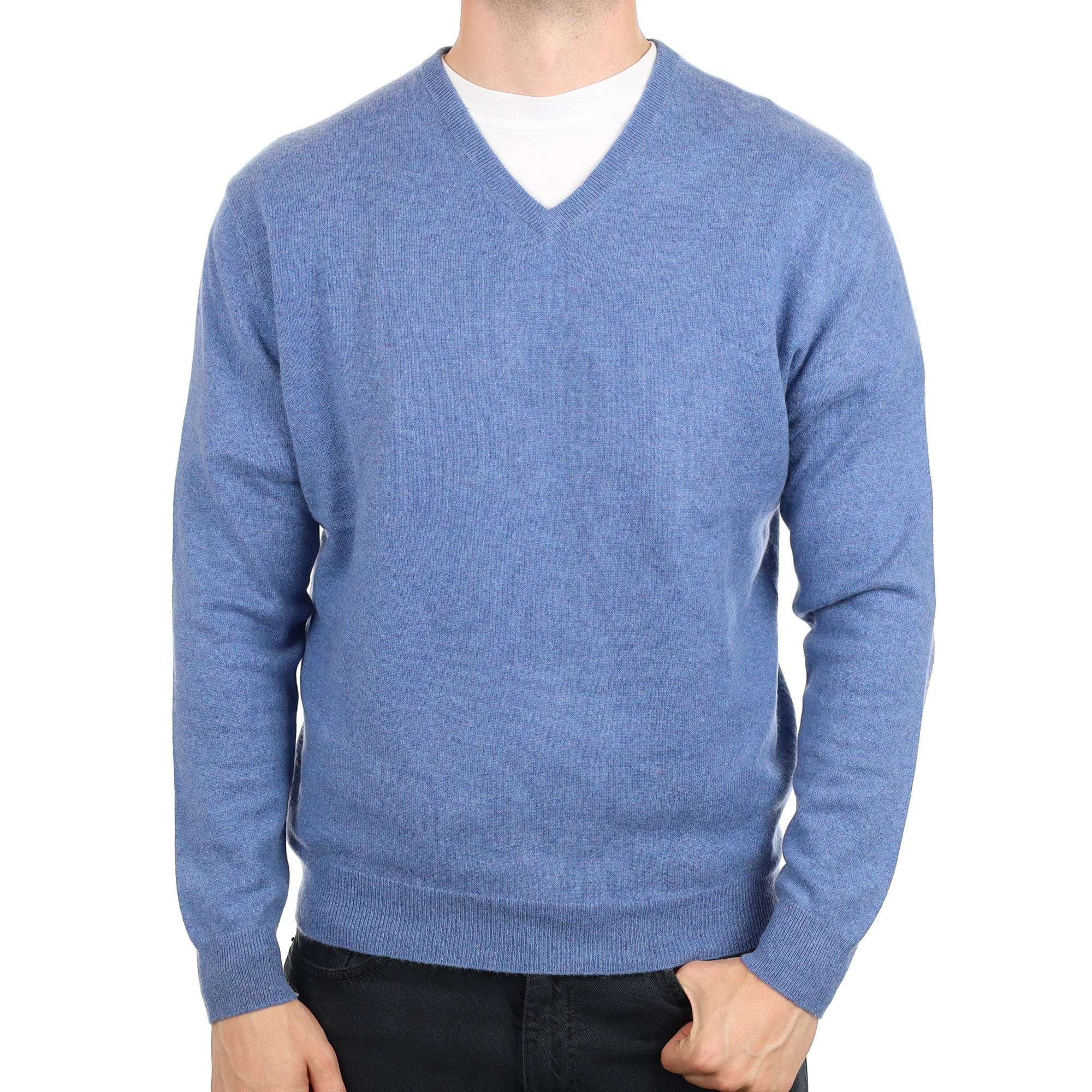 Men's Denim Blue Cashmere V Neck Jumper XL