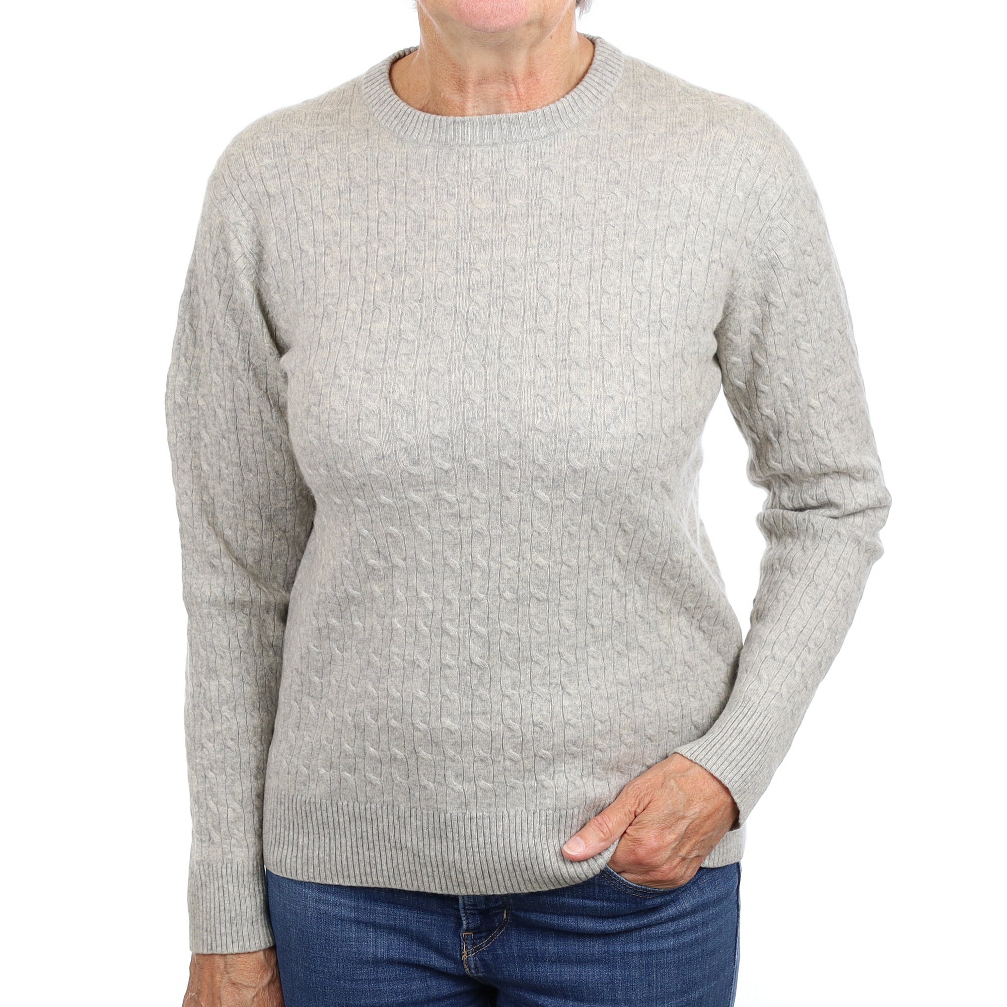 Mist Grey Cable Cashmere Crew Neck Jumper Medium