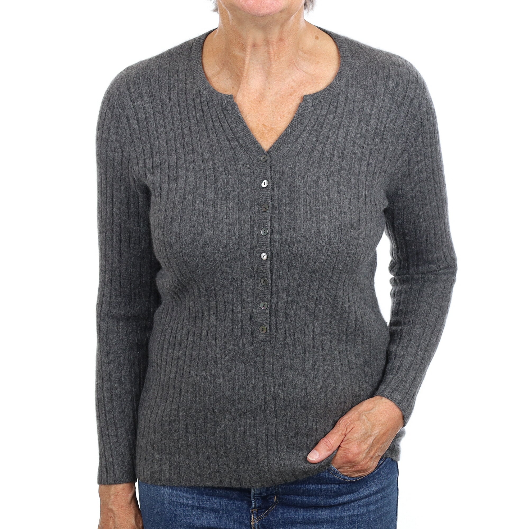 Slate Grey Rib Cashmere Buttoned Notch Neck Jumper Medium