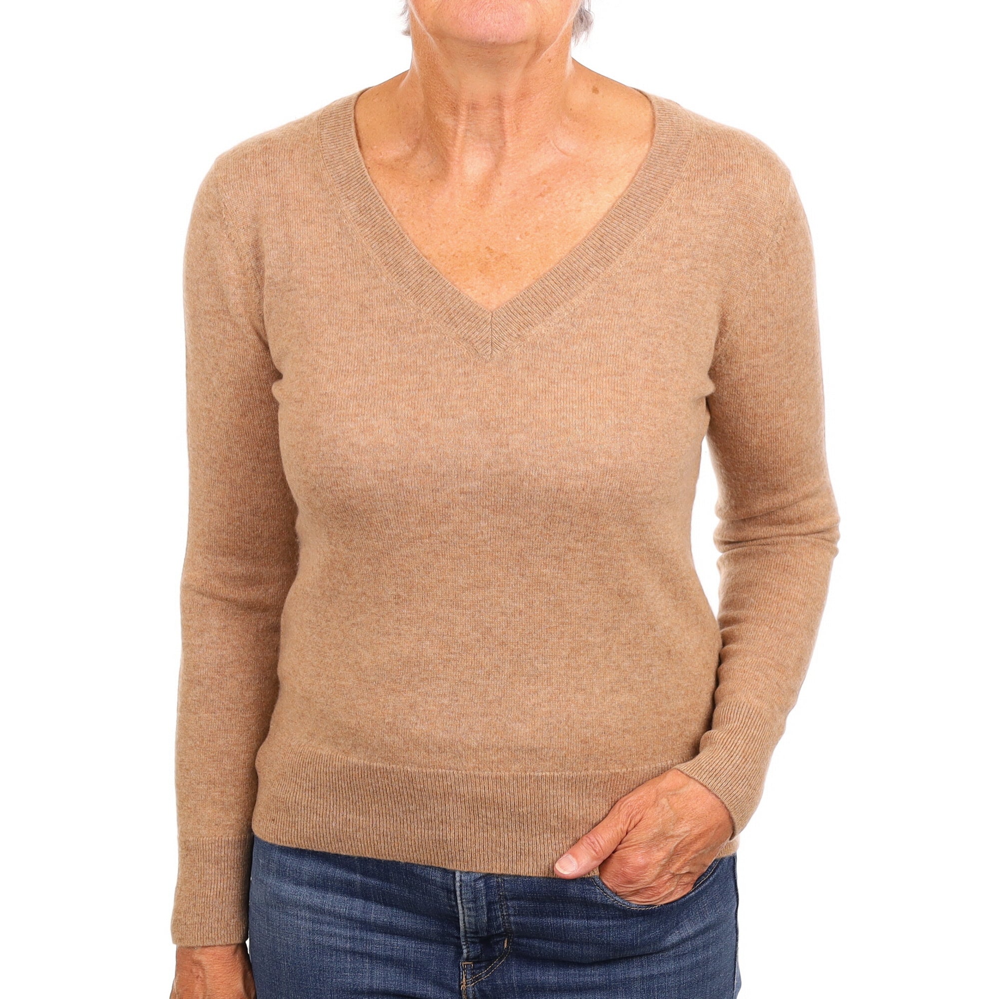 Fudge Brown Cashmere V Neck Jumper Medium
