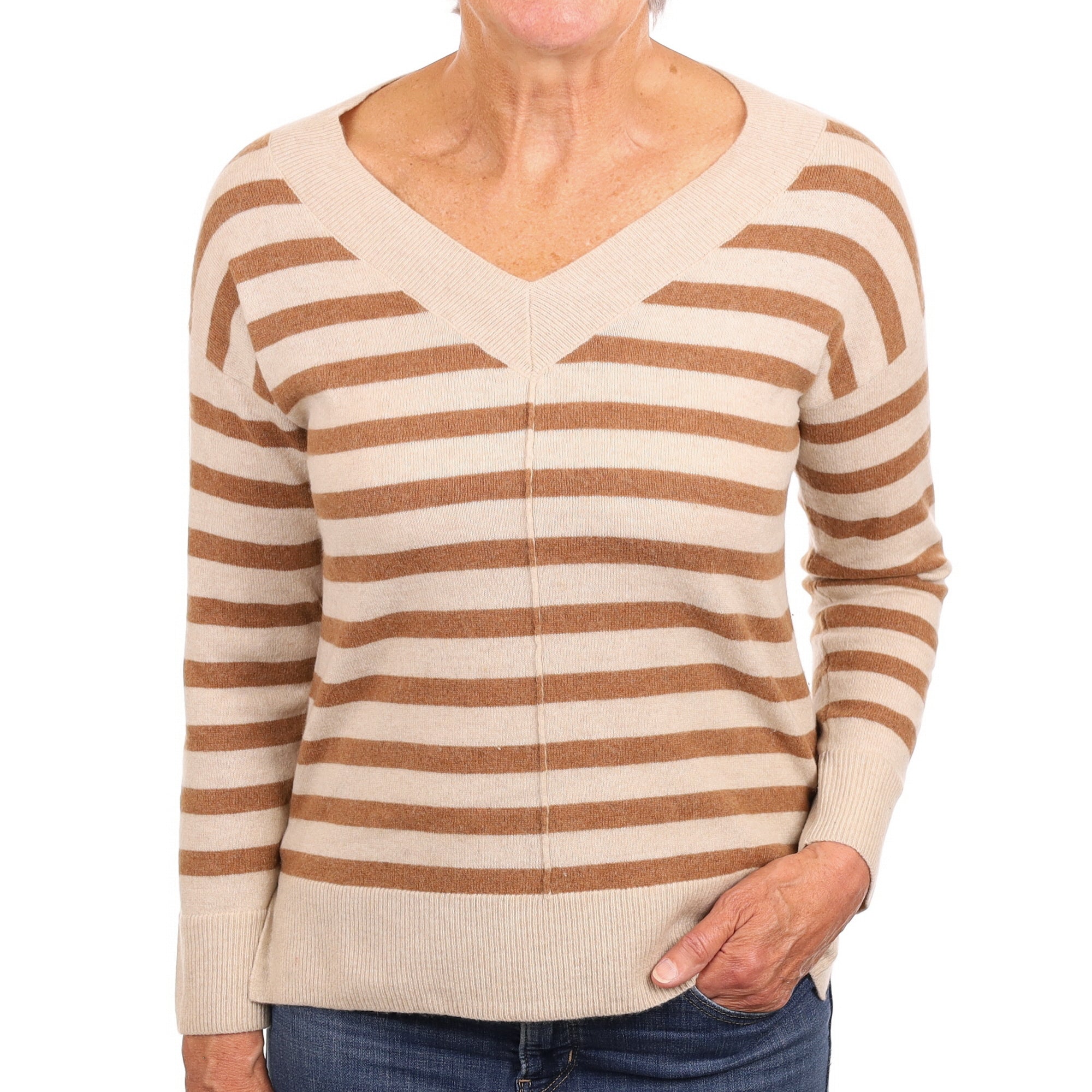 Oatmeal and Cinnamon Stripe Cashmere V Neck Jumper Medium
