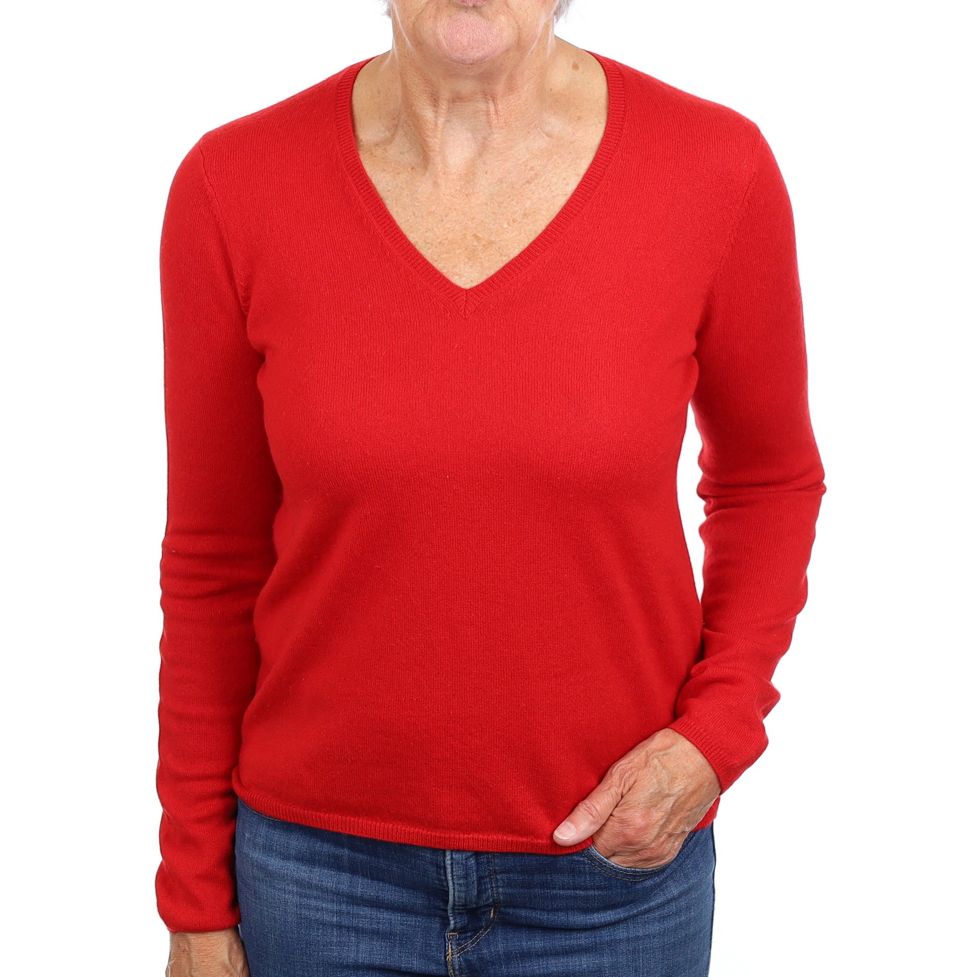 Scarlet Red Cashmere V Neck Jumper Medium