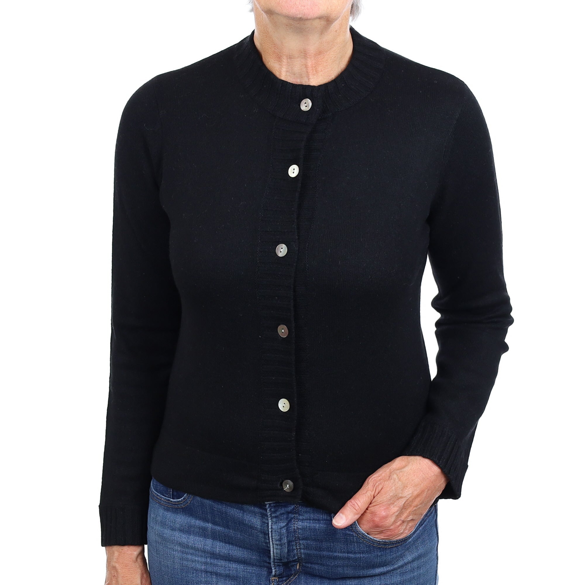 Black Cashmere High Crew Neck Cardigan Medium