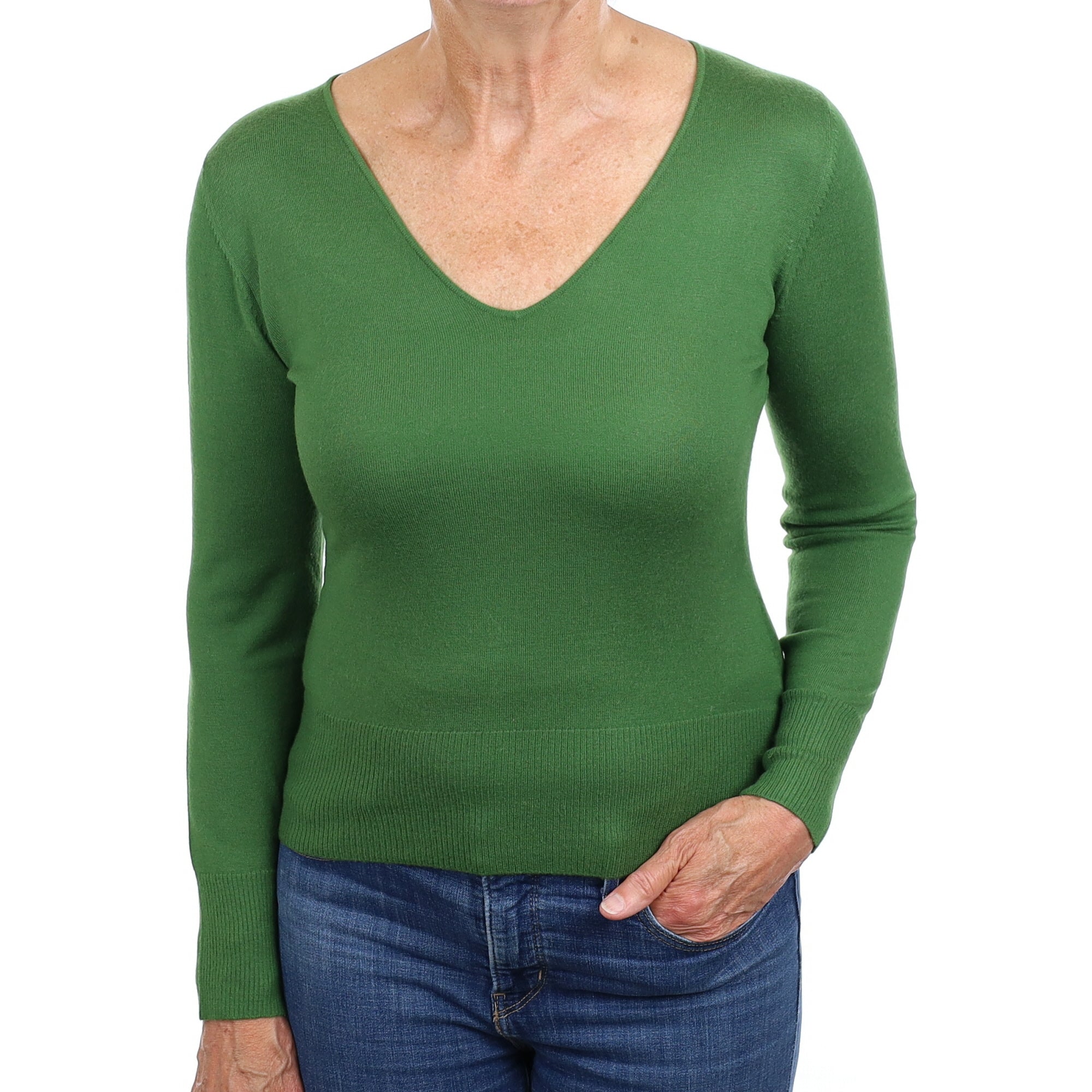 Fern Green Cashmere V Neck Jumper Medium