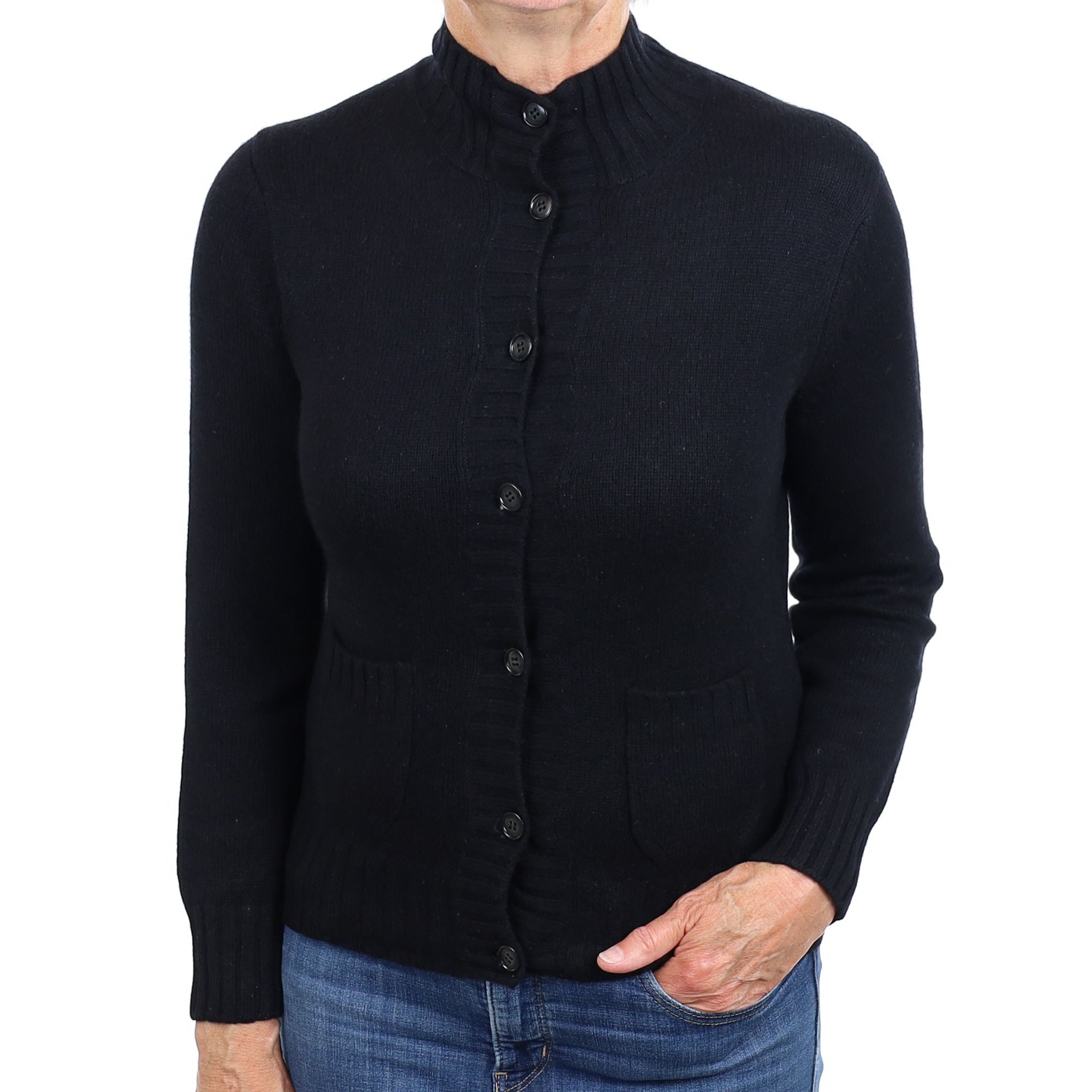 Black Cashmere Collard Cardigan with Pockets Medium