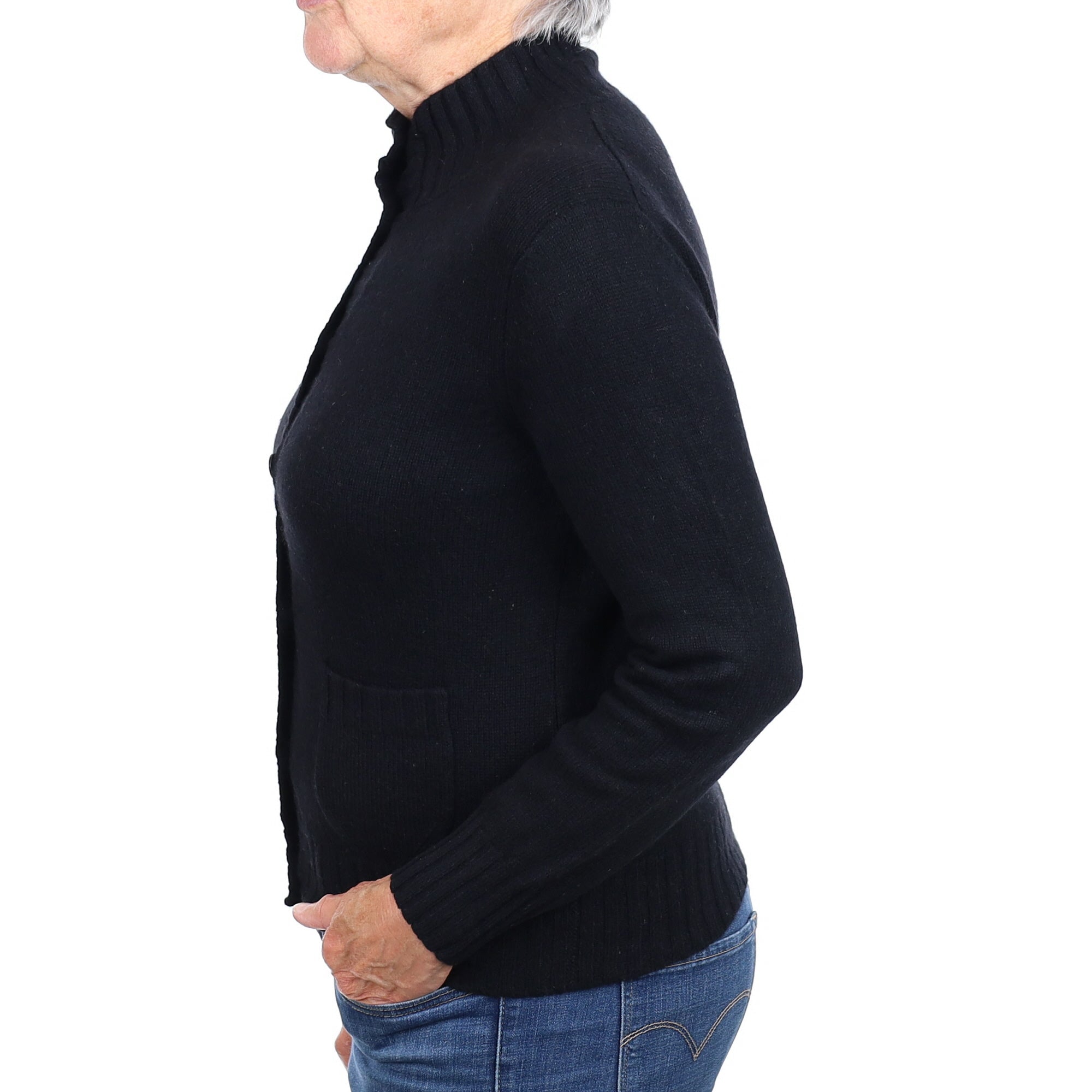 Black Cashmere Collard Cardigan with Pockets Medium