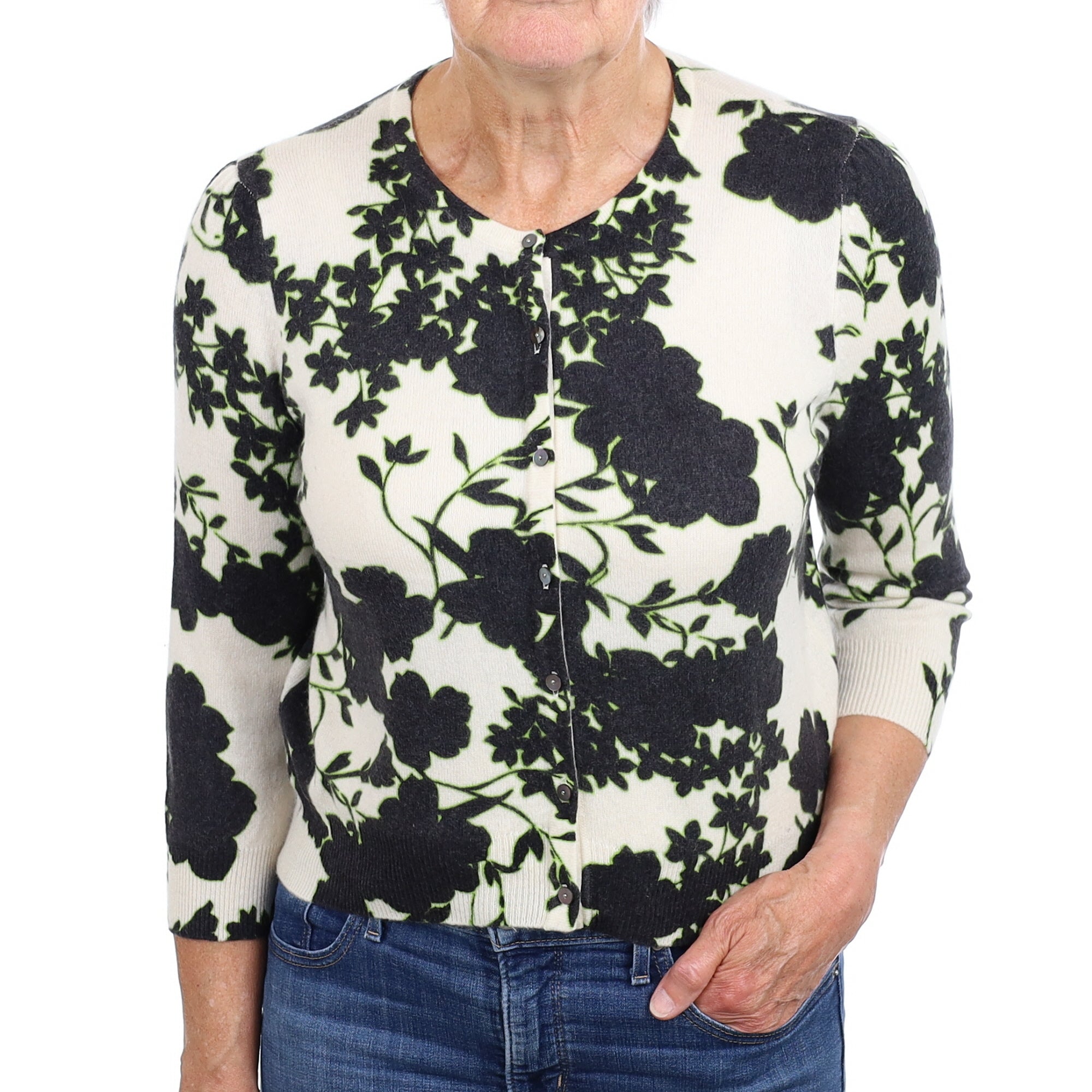 Cream Black and Green Floral Cashmere Crew Neck Cardigan Medium