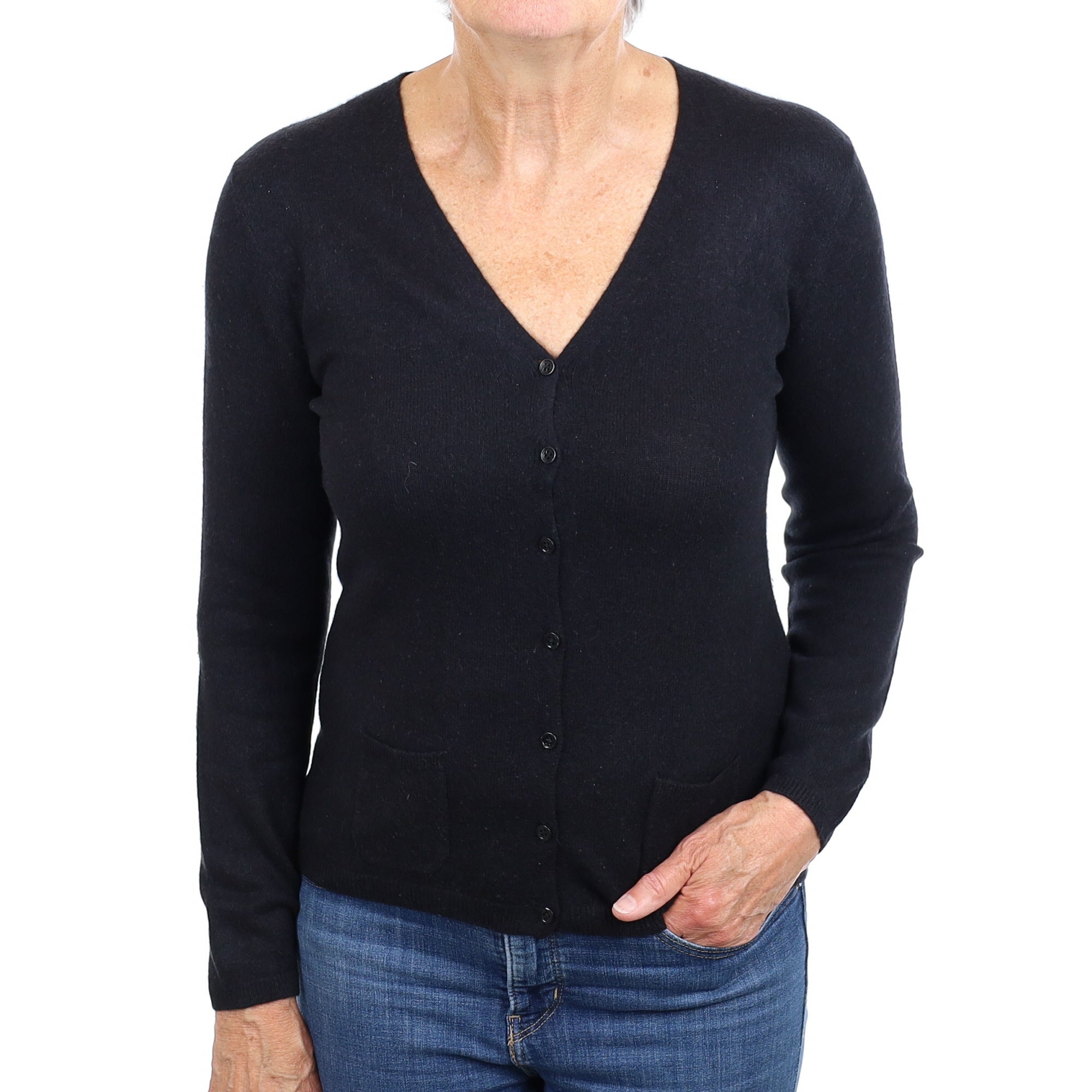 Black Cashmere Crew Neck Cardigan with Pockets Medium