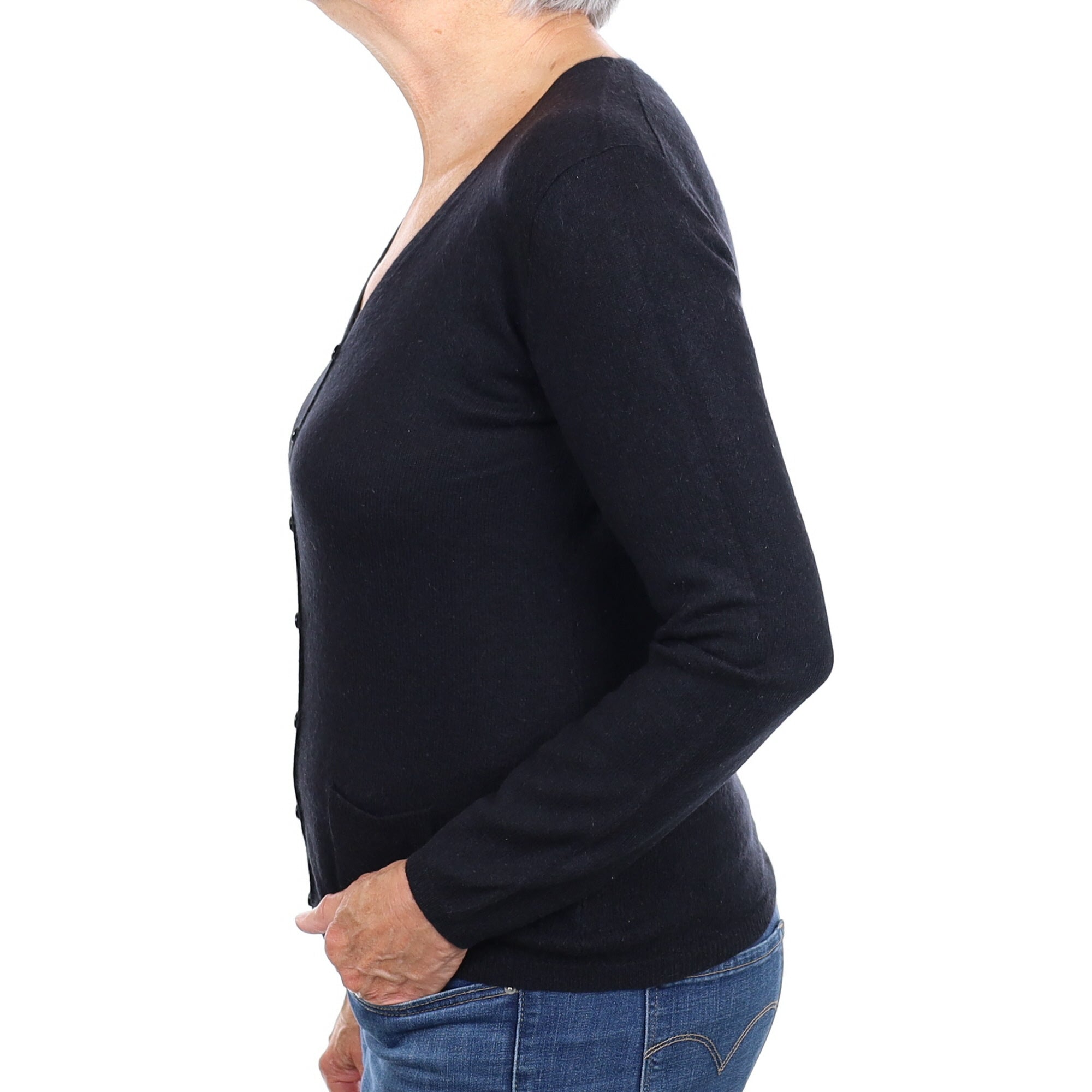 Black Cashmere Crew Neck Cardigan with Pockets Medium