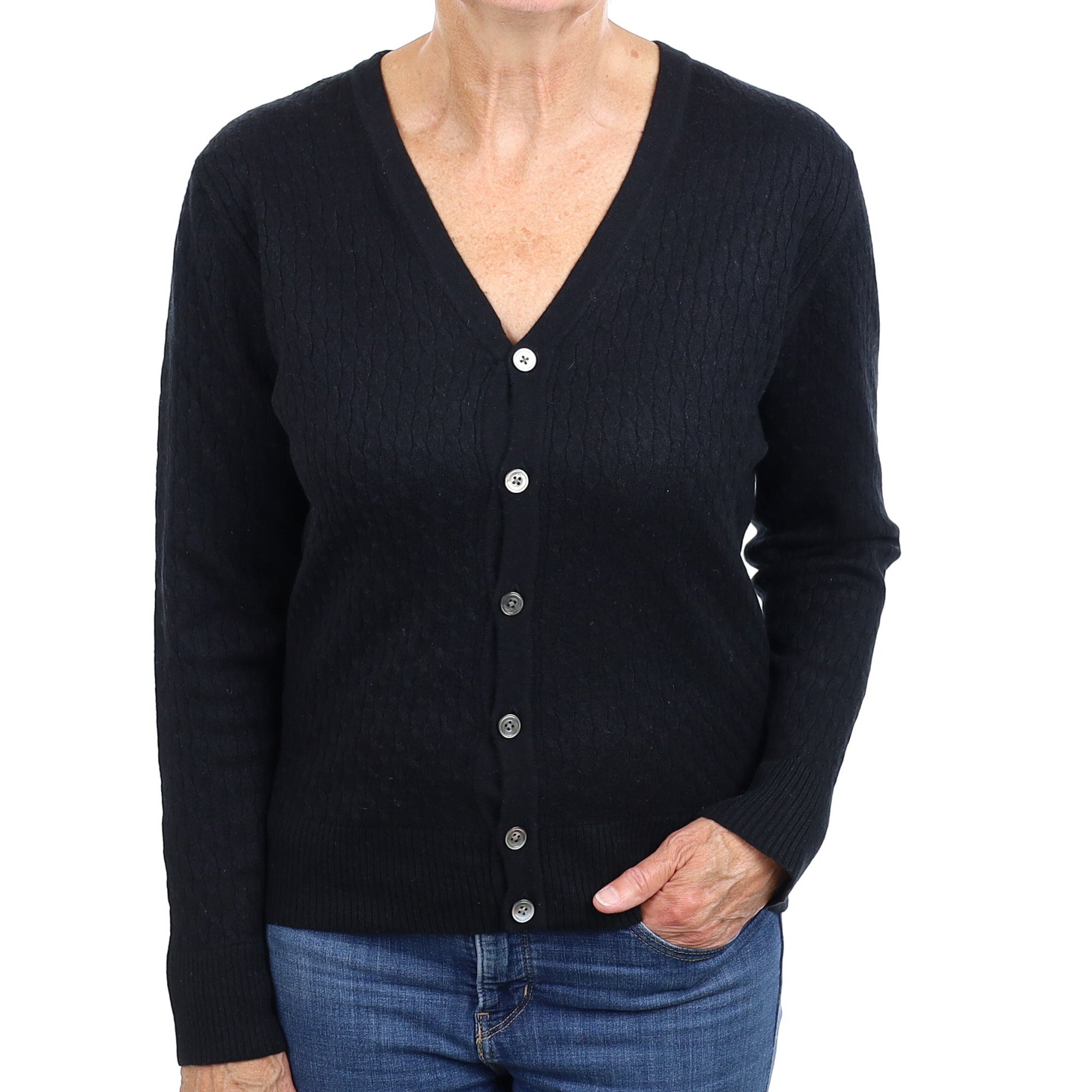 Black Cable Cashmere V Neck Cardigan Medium