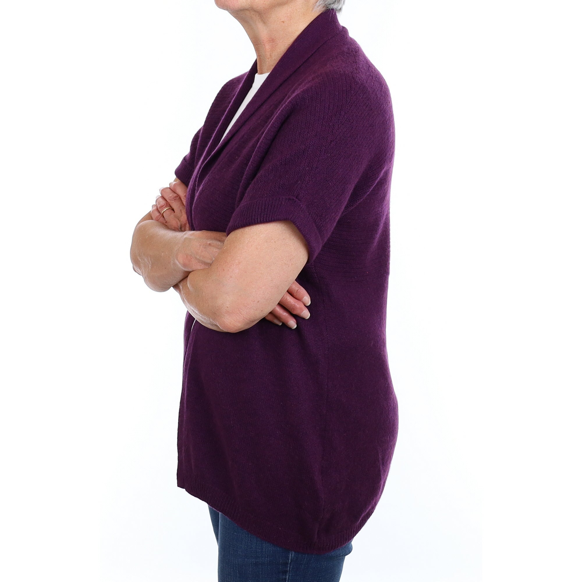 Plum Purple Cashmere Shawl Collar Short Sleeved Cardigan Medium
