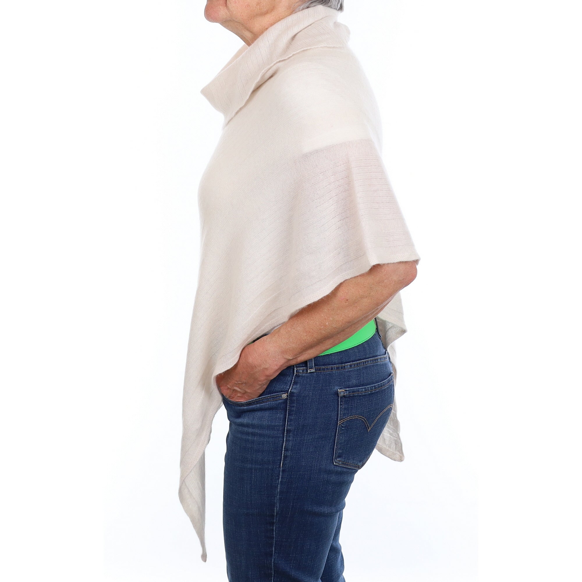 Ivory Ribbed Cashmere Polo Neck Poncho Medium