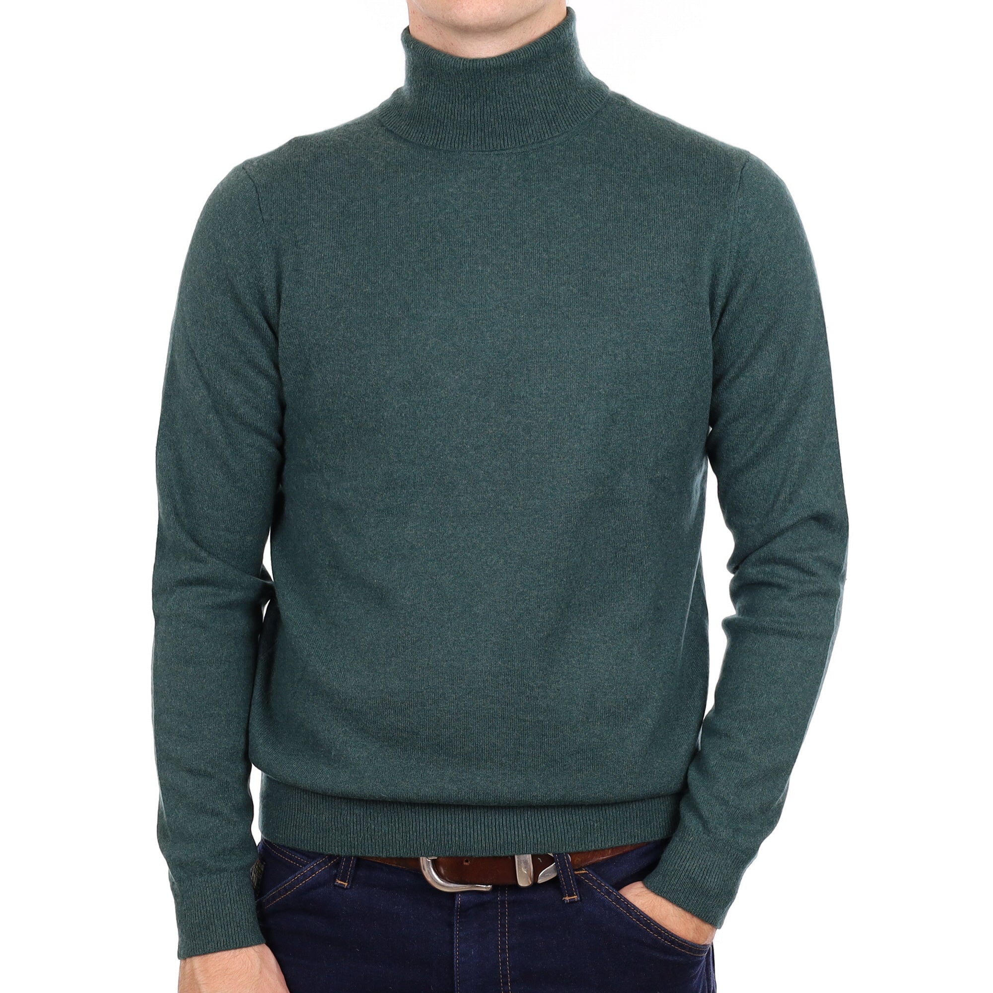 Men's Spruce Green Cashmere Polo Neck Jumper Medium