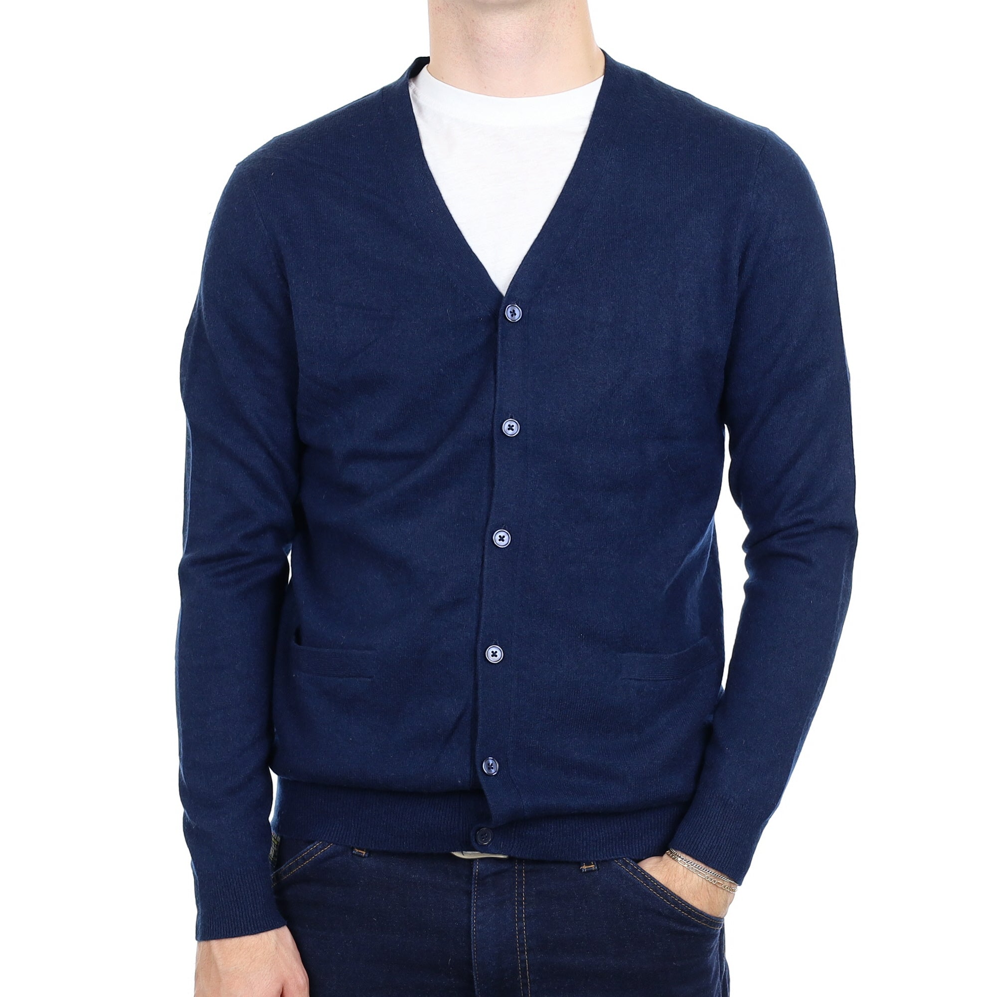 Men's Navy Blue Cashmere V Neck Cardigan with Pockets Medium