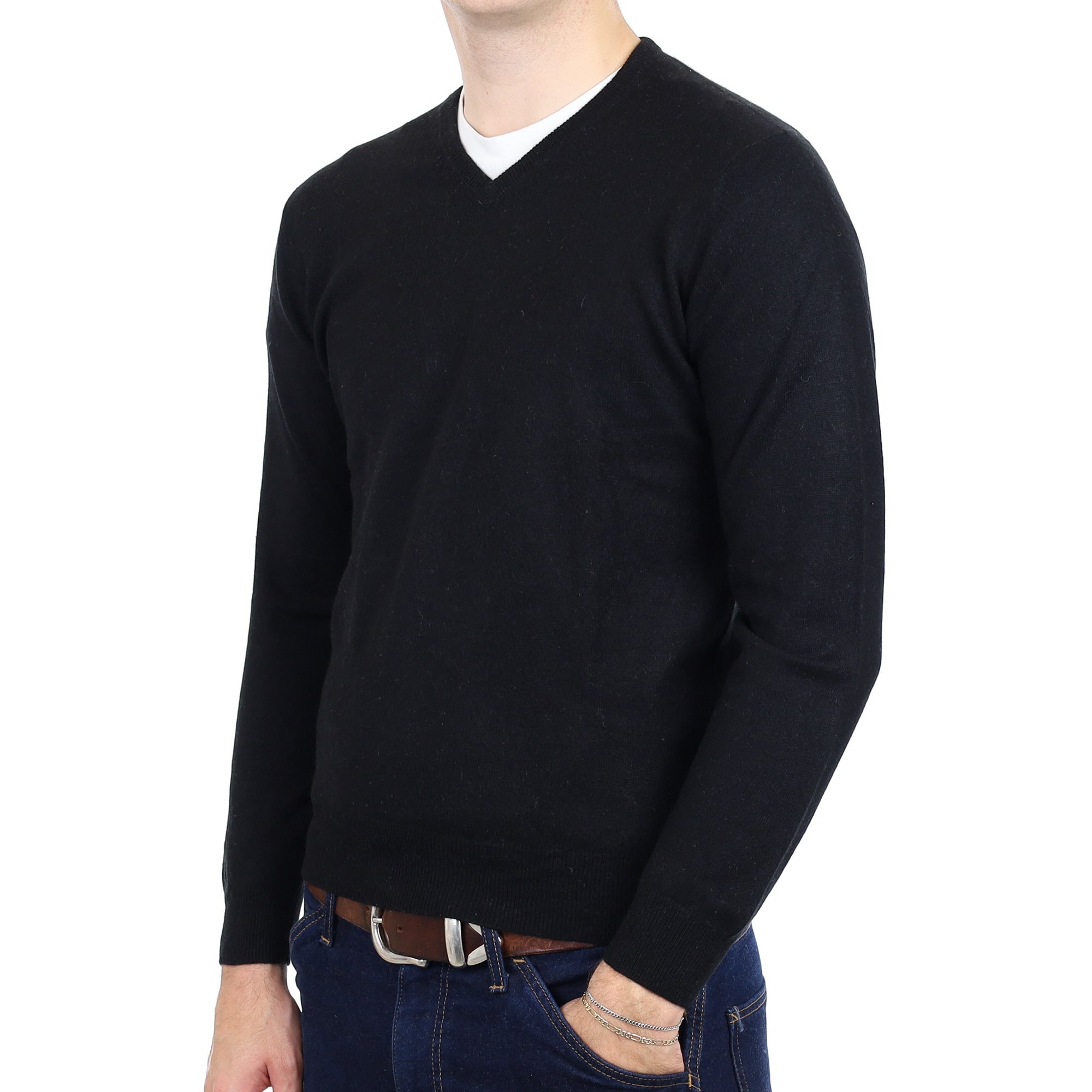 Men's Black Cashmere V Neck Jumper Medium