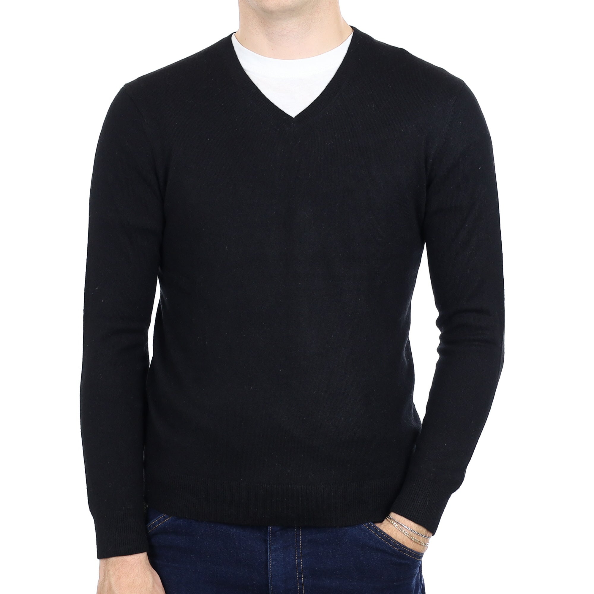 Men's Black Cashmere V Neck Jumper Medium