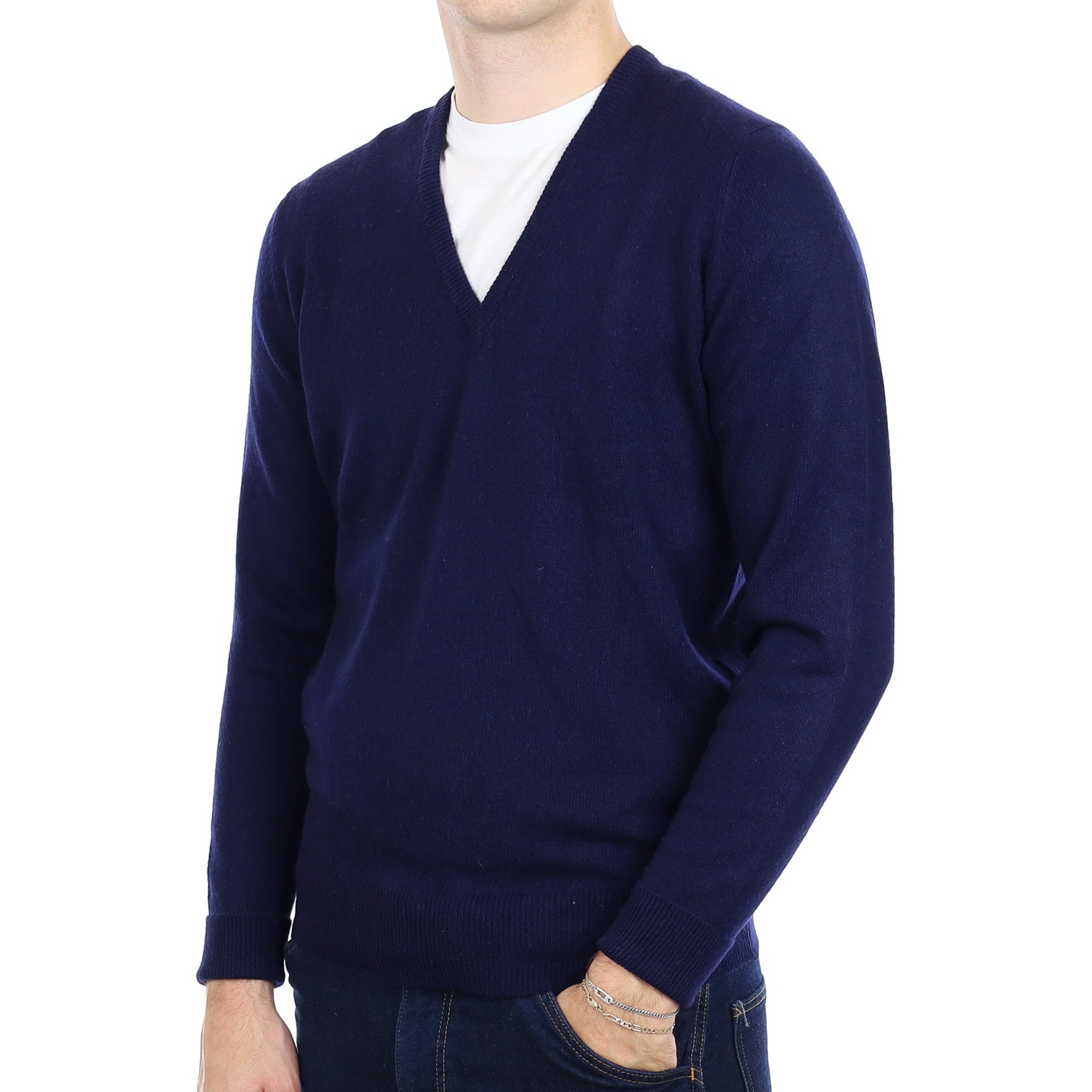 Men's Scottish Navy Cashmere V Neck Jumper Medium