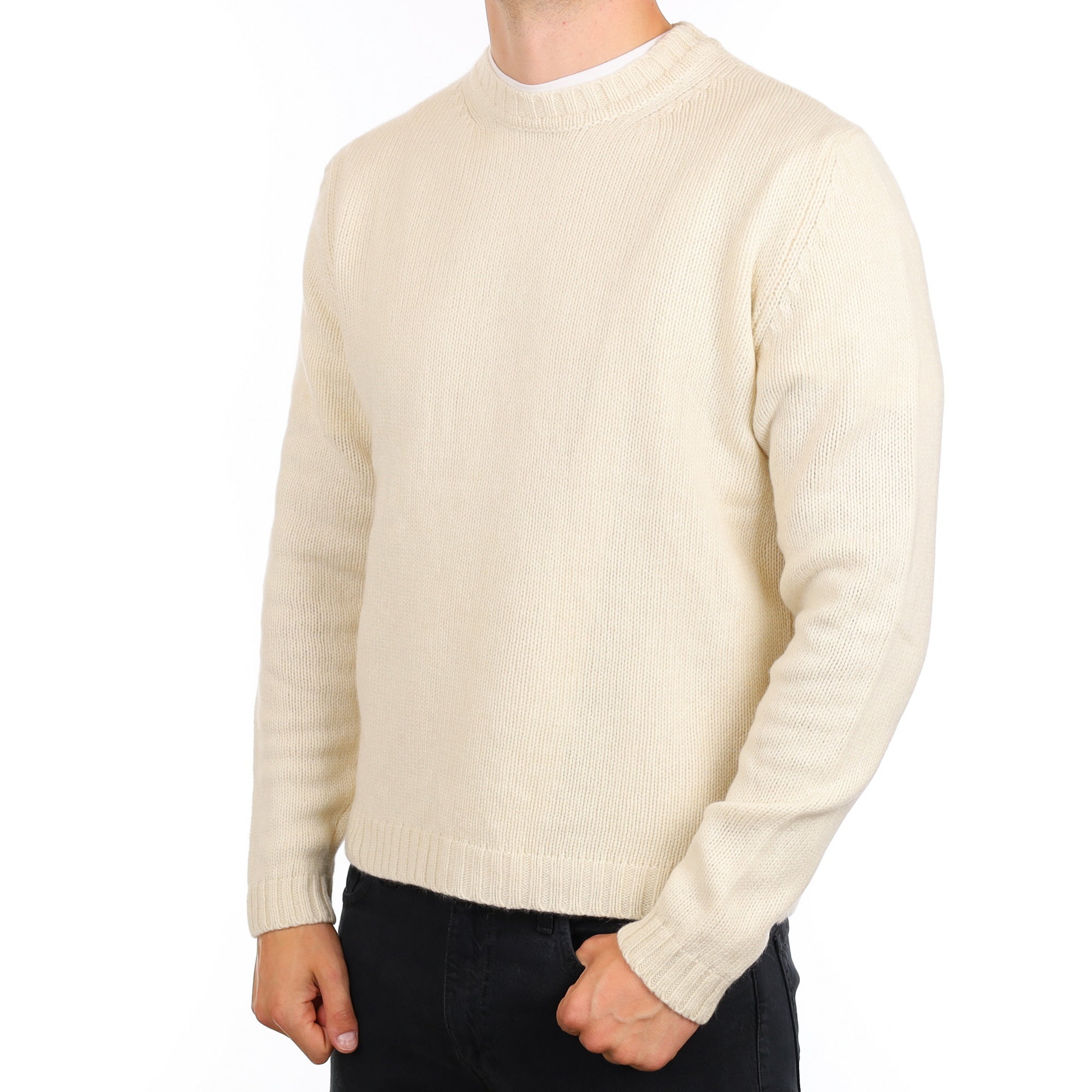 Men's Italian Ivory Chunky Knit Cashmere Crew Neck Jumper XL