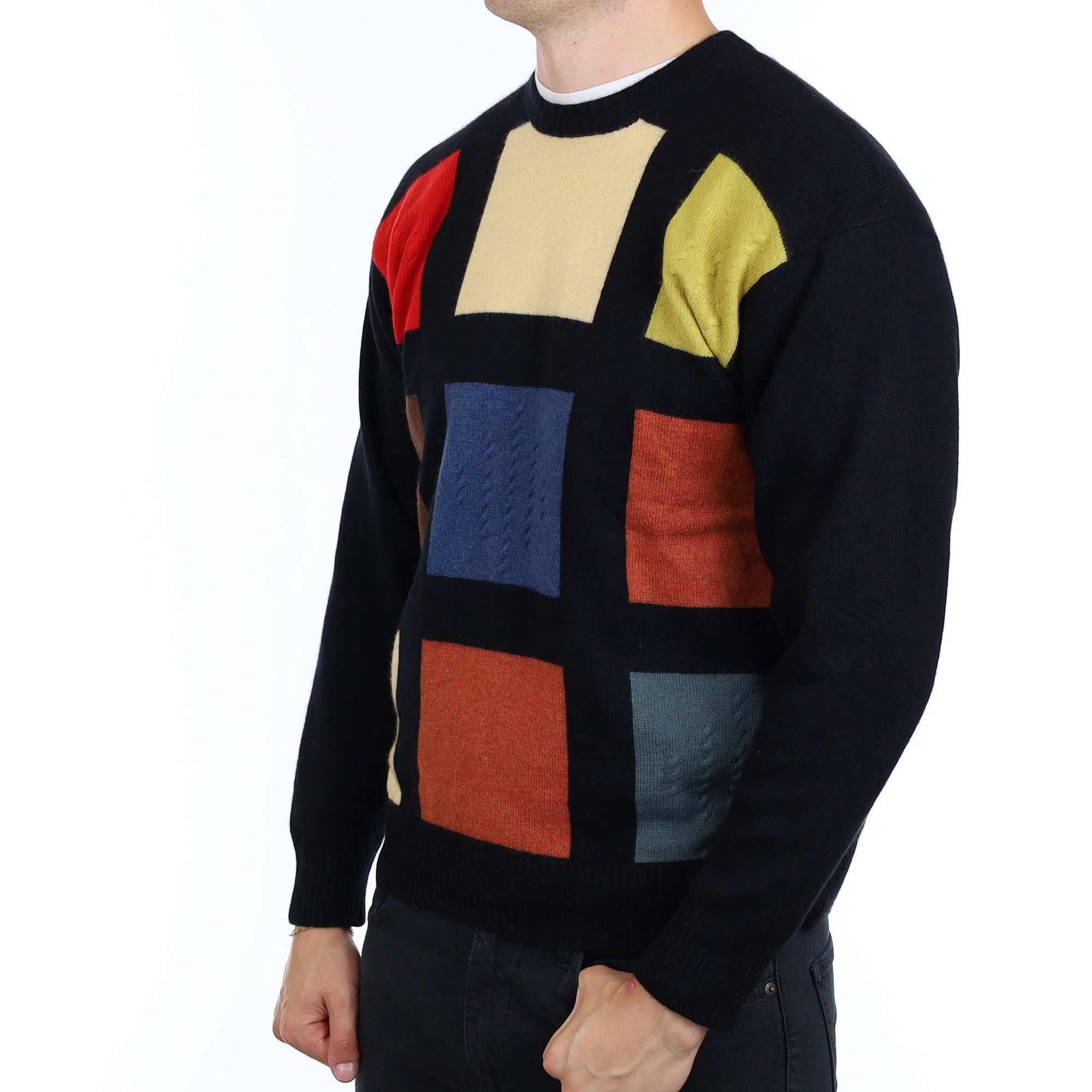 Men's Black Patterned Cashmere Crew Neck Jumper XL