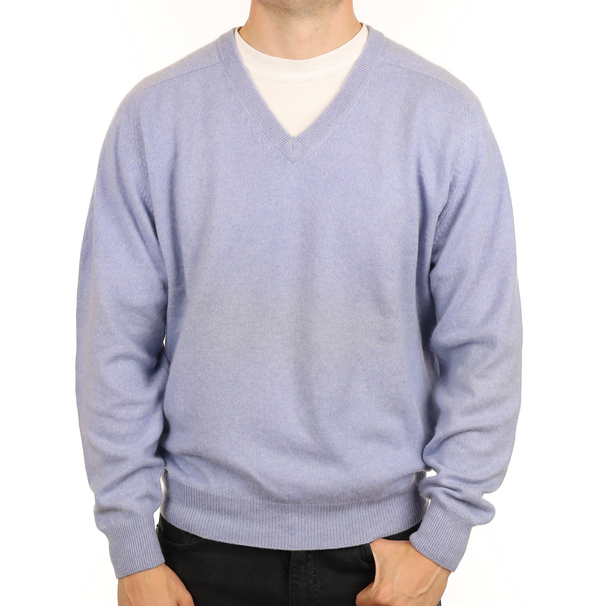 Men's Sky Blue Cashmere V Neck Jumper XXL