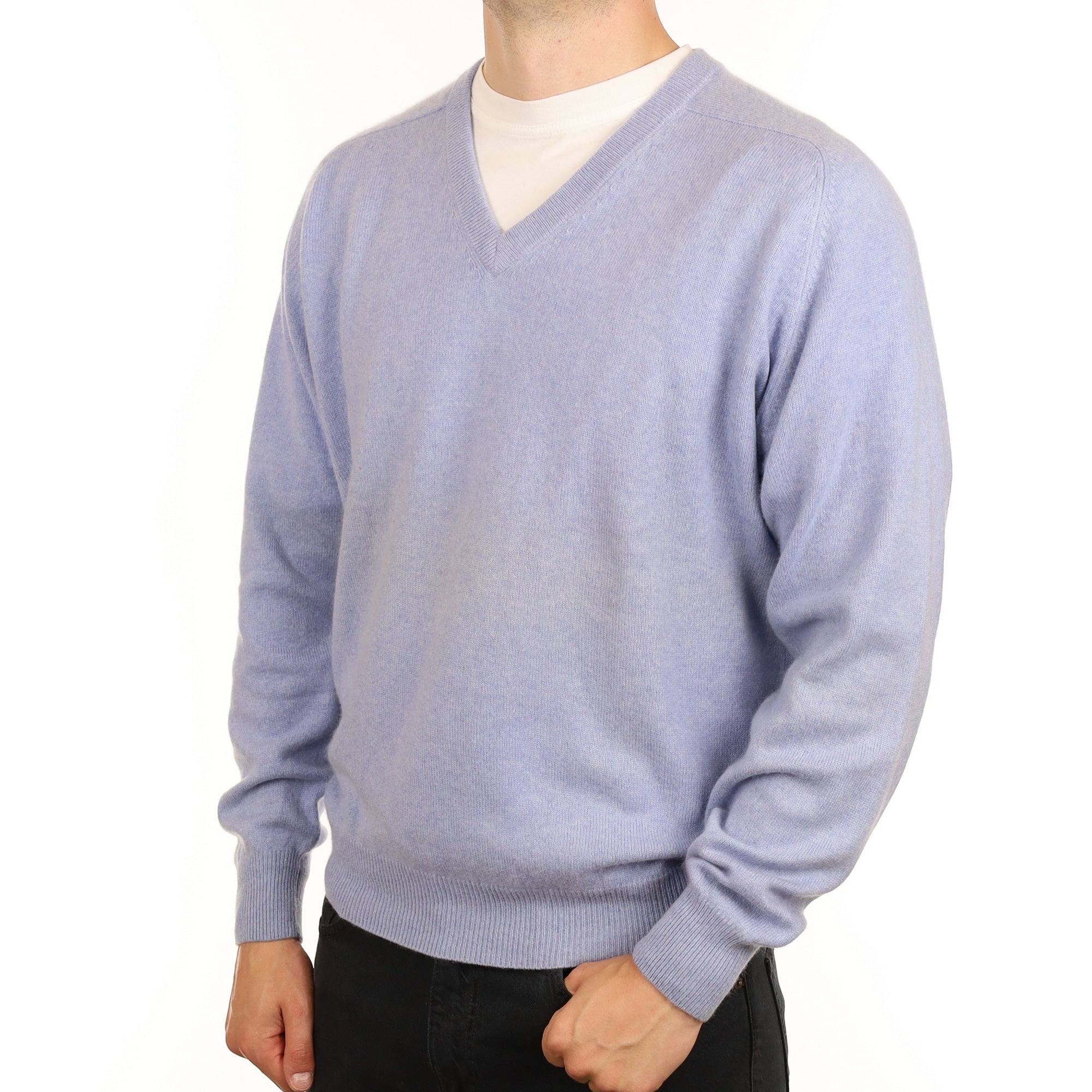 Men's Sky Blue Cashmere V Neck Jumper XXL