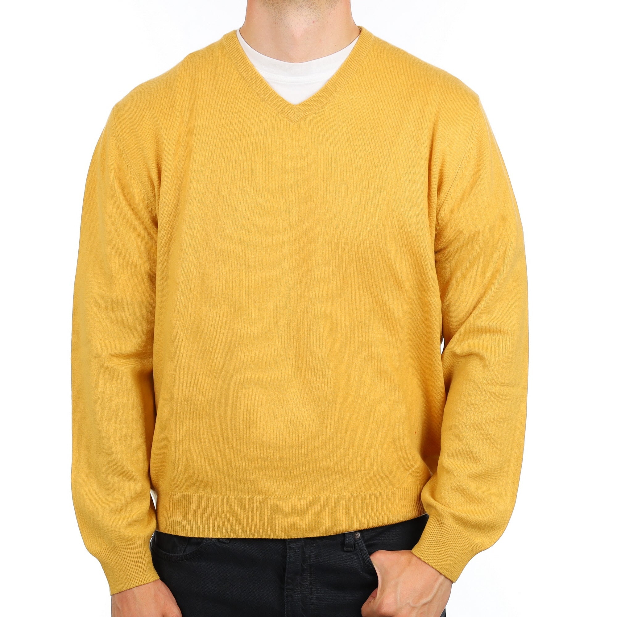 Men's Mustard Yellow Cashmere V Neck Jumper XXL