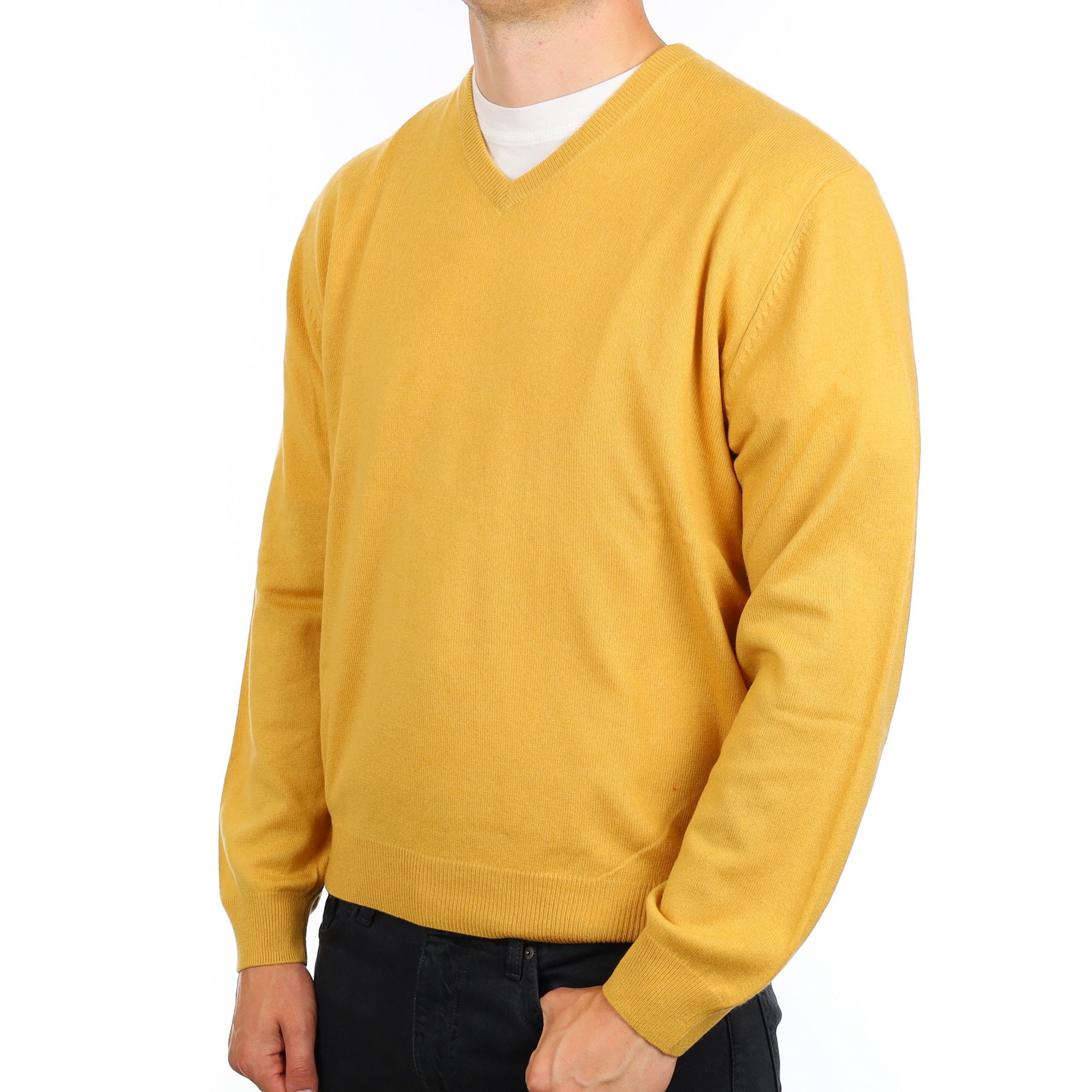 Men's Mustard Yellow Cashmere V Neck Jumper XXL