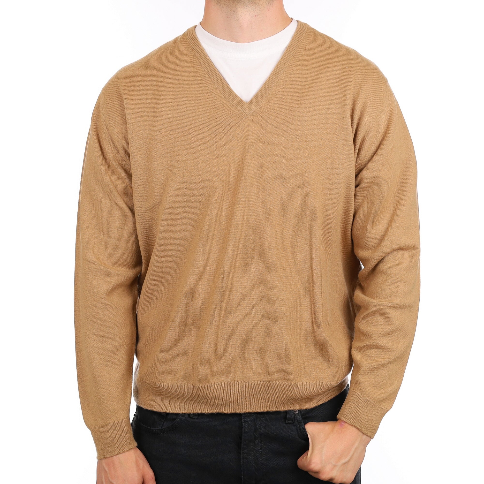 Men's Camel Brown Cashmere V Neck Jumper XXL